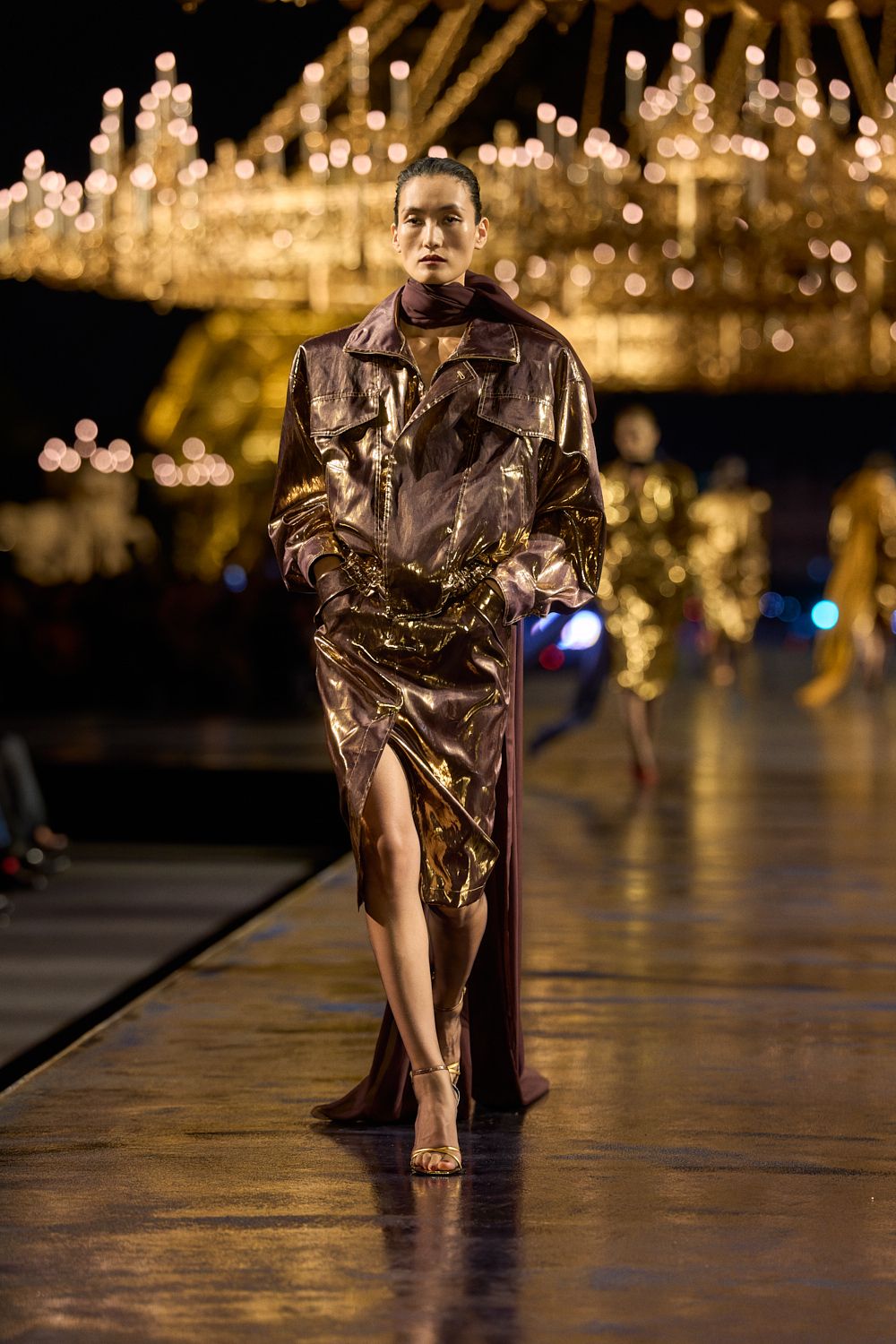 metallic draped shirt-dress with scarf