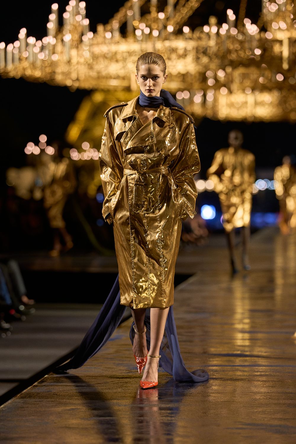 gold metallic belted trench coat