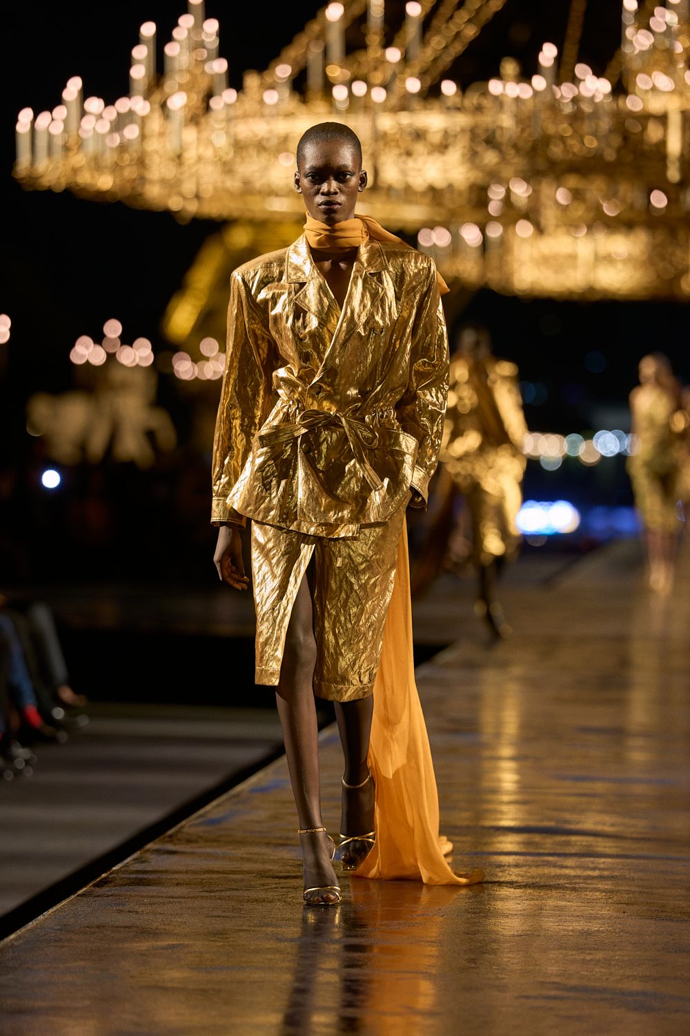 gold metallic belted blazer and skirt