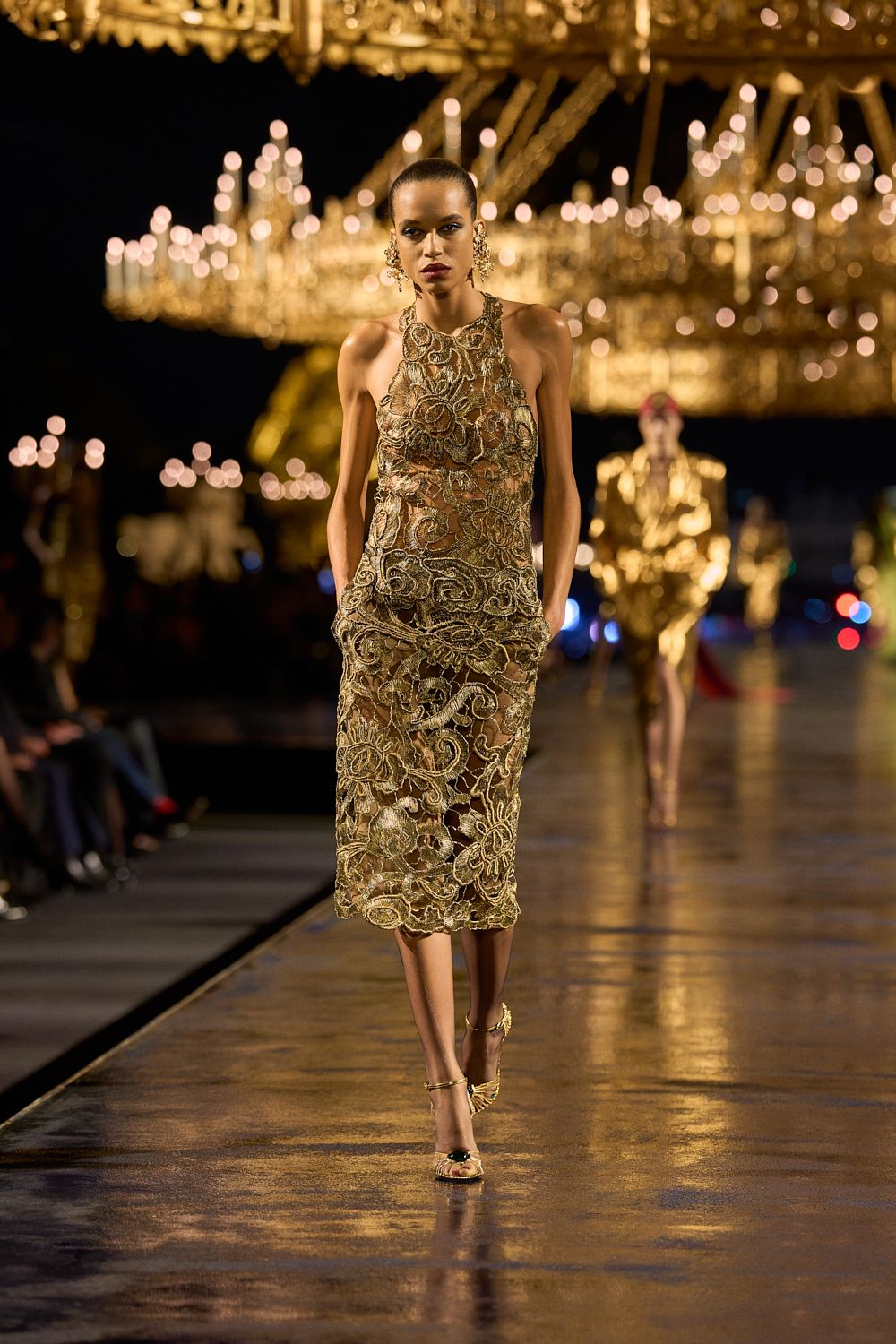 gold floral illusion lace midi dress