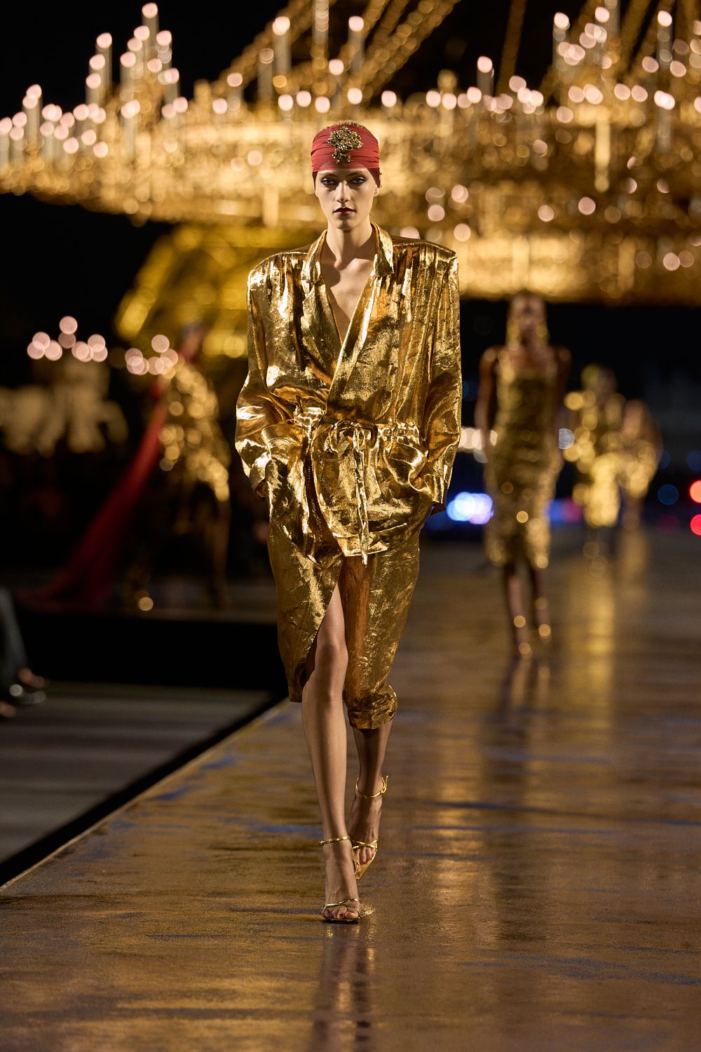 gold metallic wrap robe dress