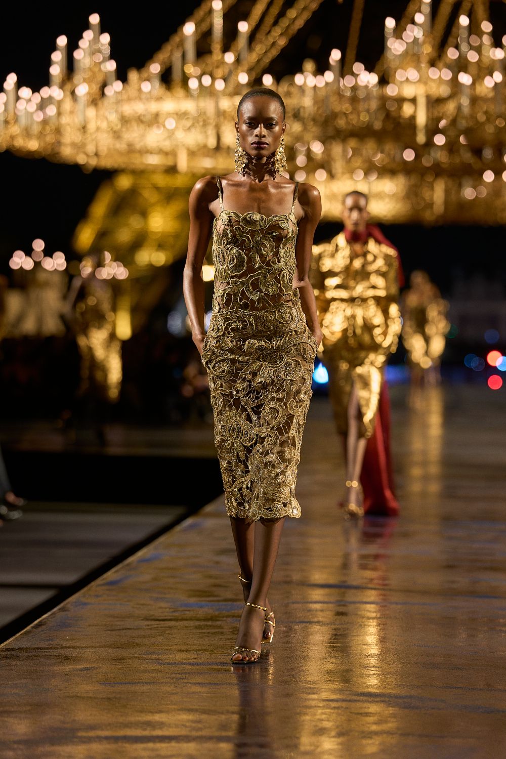 gold sheer floral lace midi dress