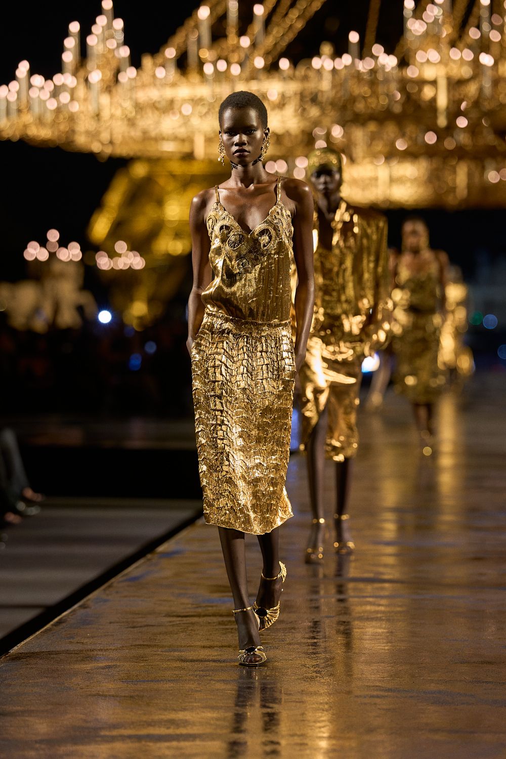 gold metallic embellished slip dress