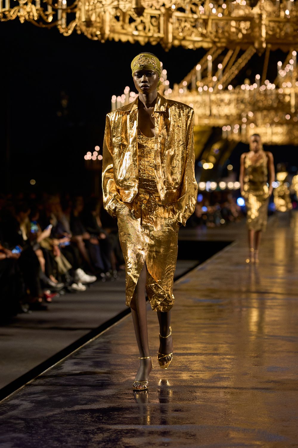 gold metallic ruched midi dress