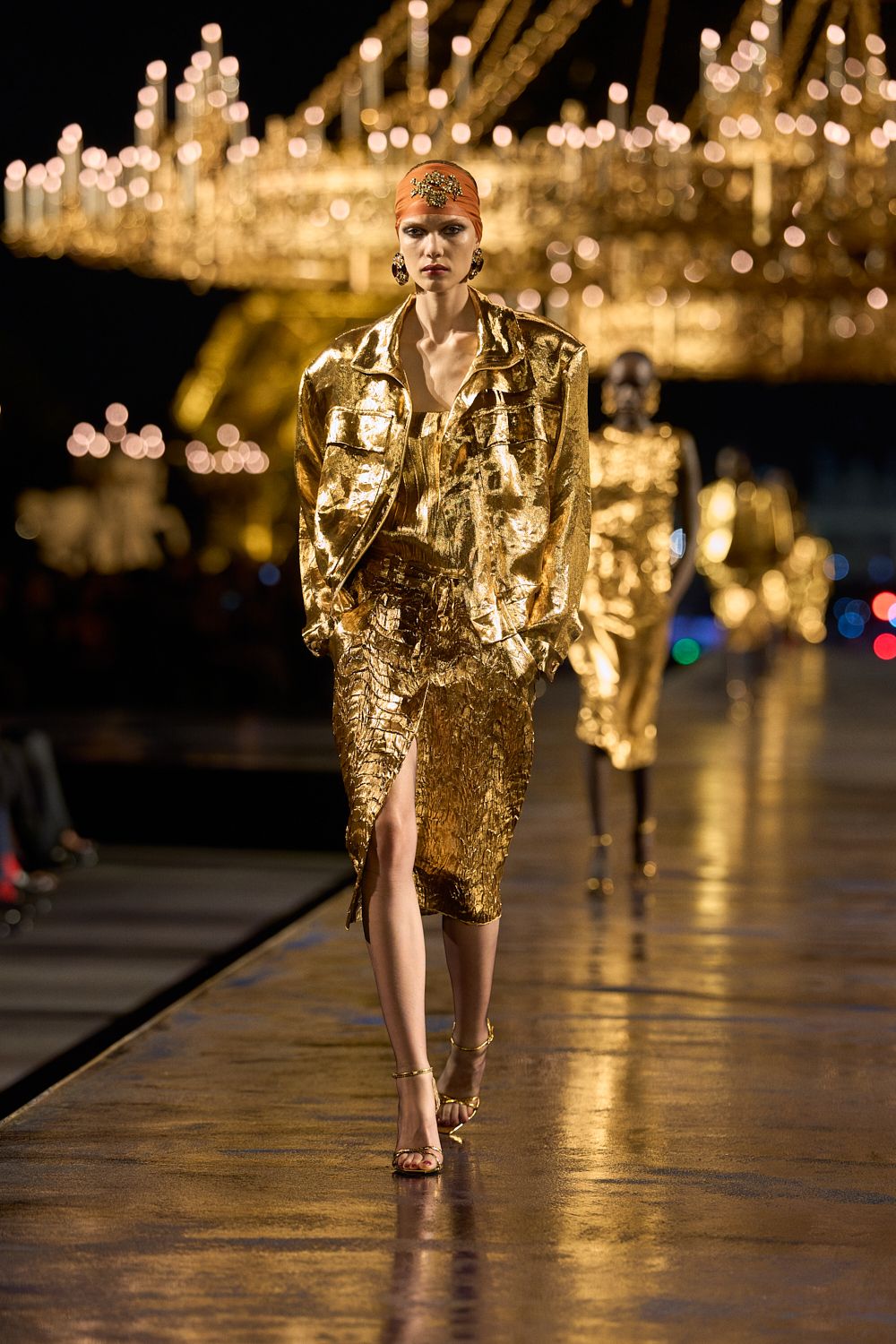 gold metallic ruched midi skirt
