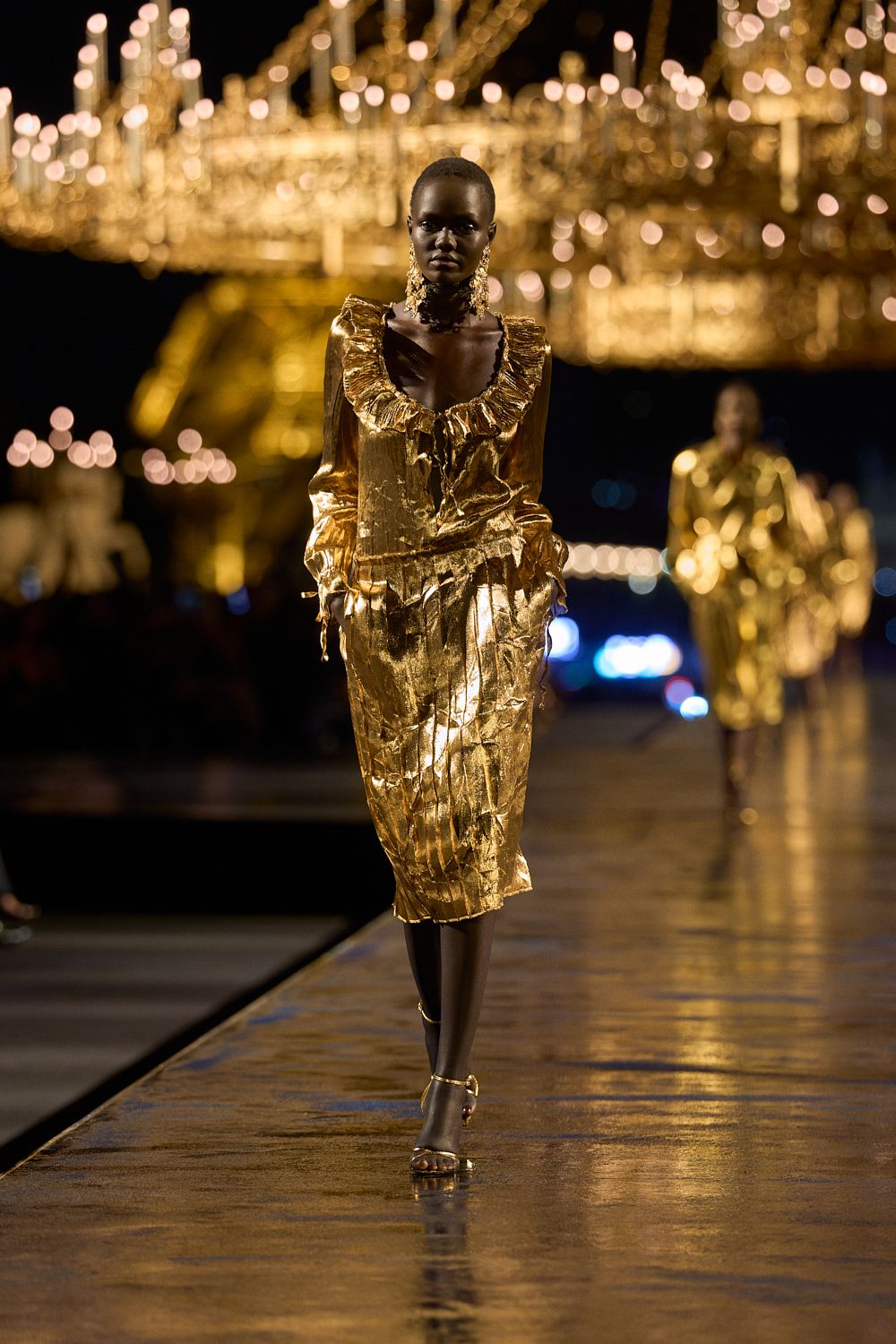 gold ruffle-neck metallic midi dress