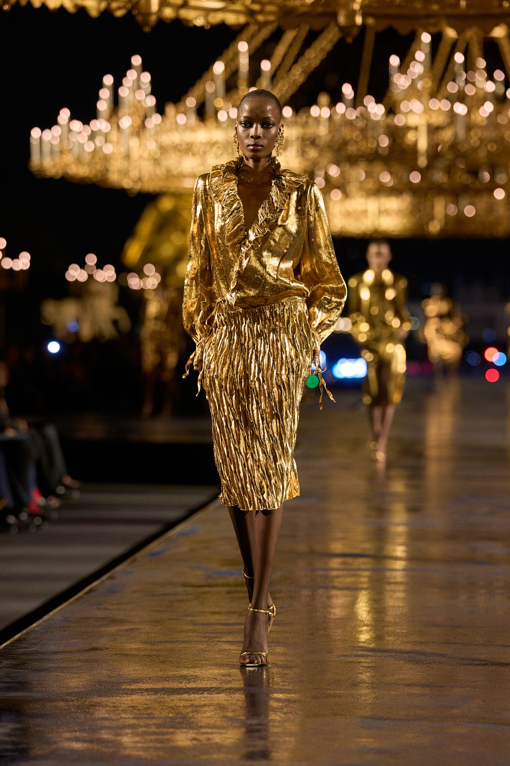 gold metallic ruffled pleated midi dress
