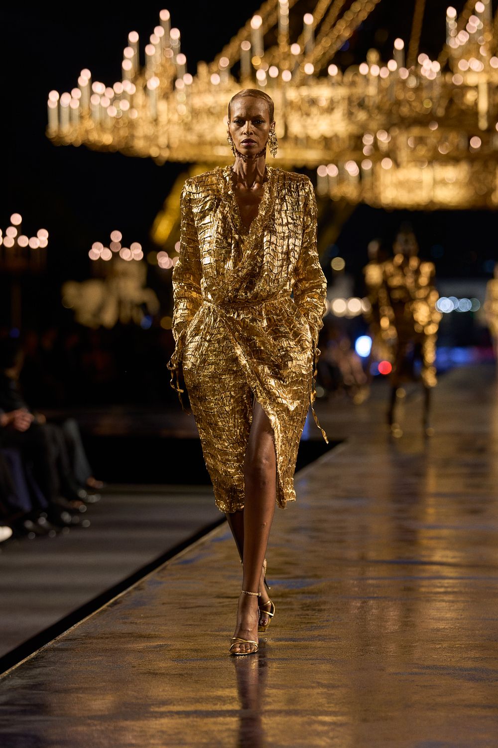 gold metallic wrap midi dress
