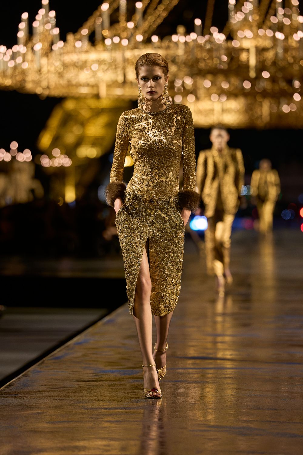 gold sequined high-neck slit midi dress