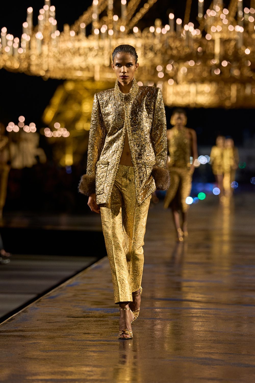 gold brocade long-sleeve high-neck structured fur-trimmed embroidered jacket