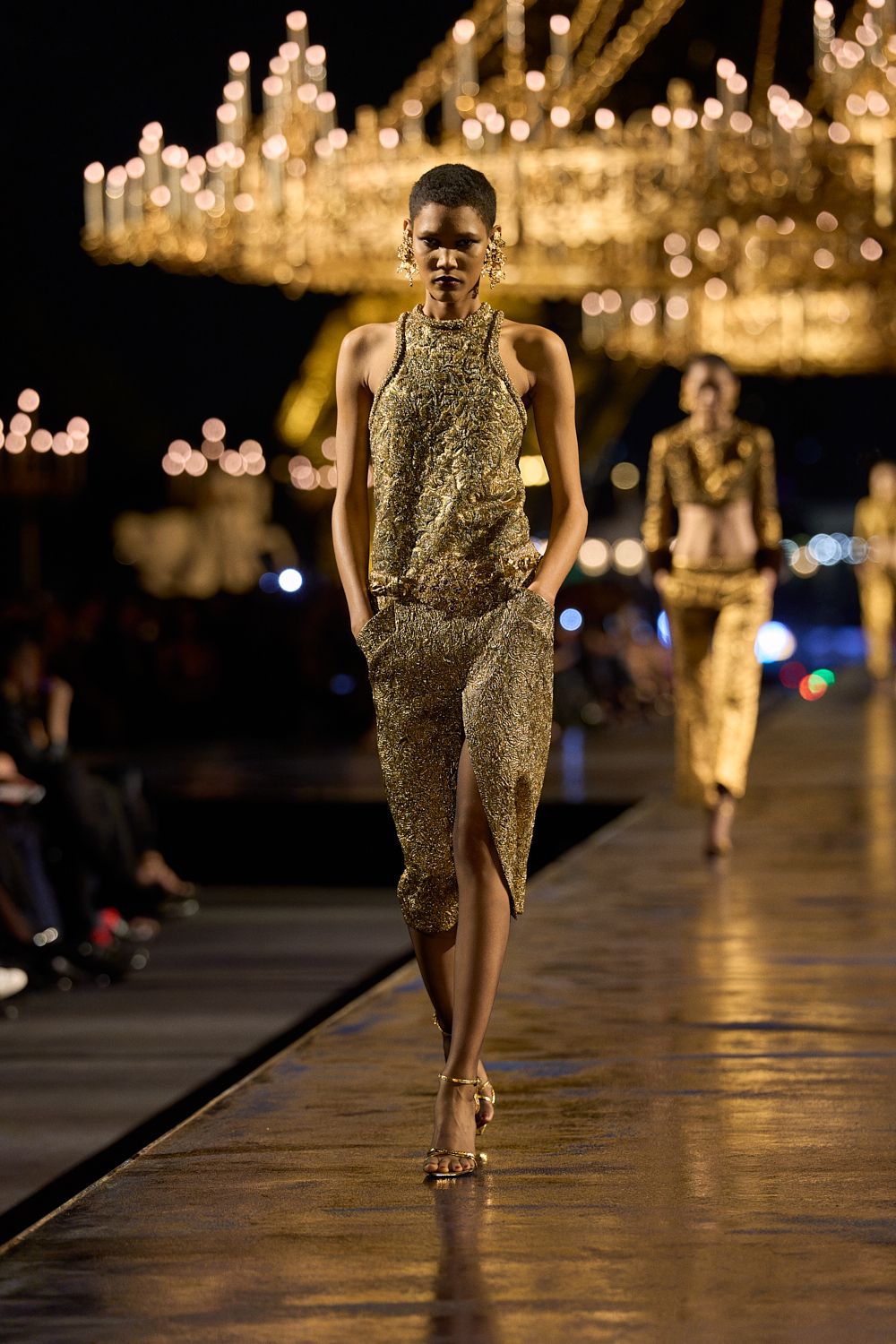 gold brocade high-neck midi dress