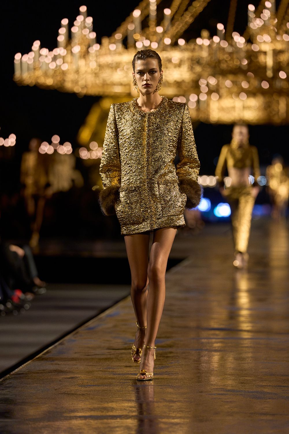 gold fur-cuff mini dress