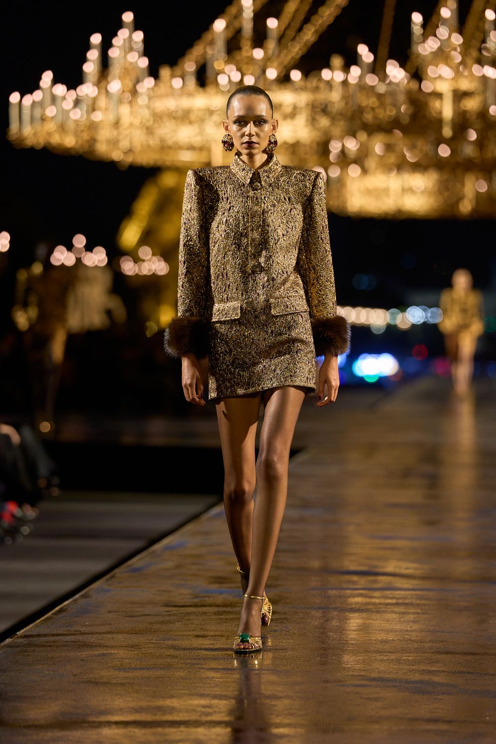 gold brocade fur-cuff jacket