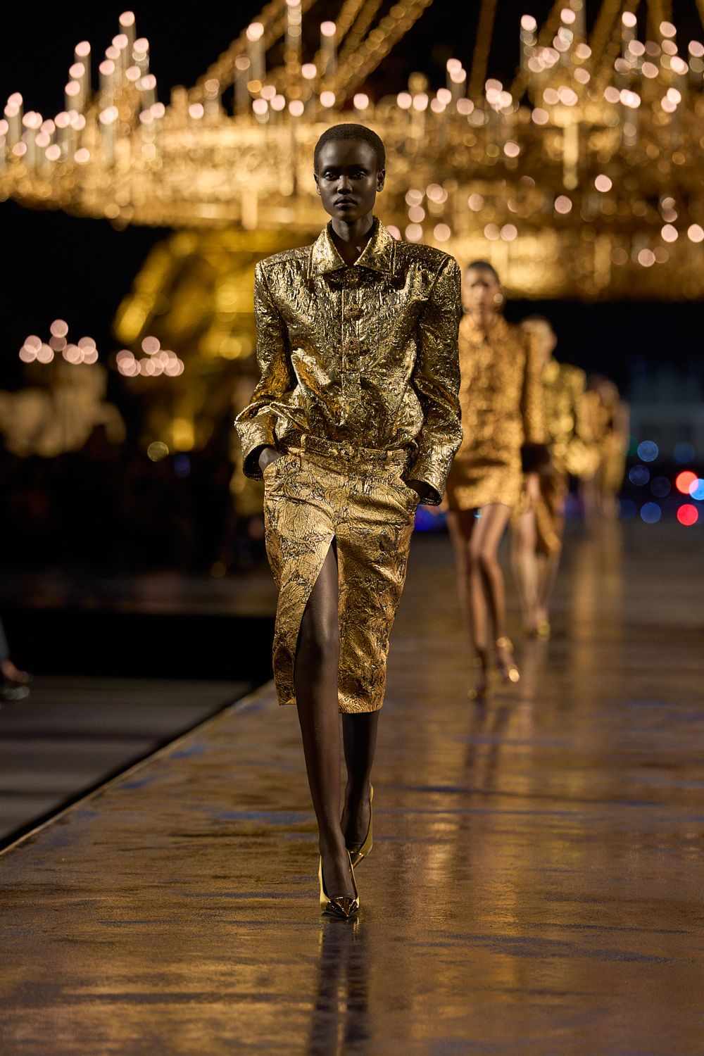 gold brocade pencil skirt suit