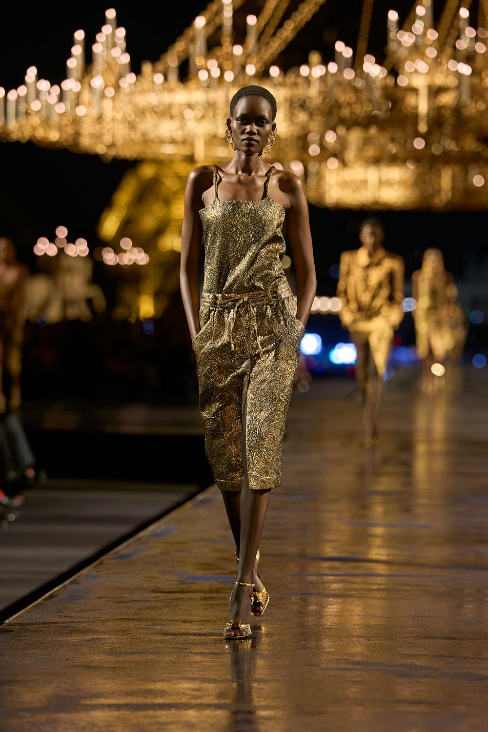 gold metallic draped jumpsuit