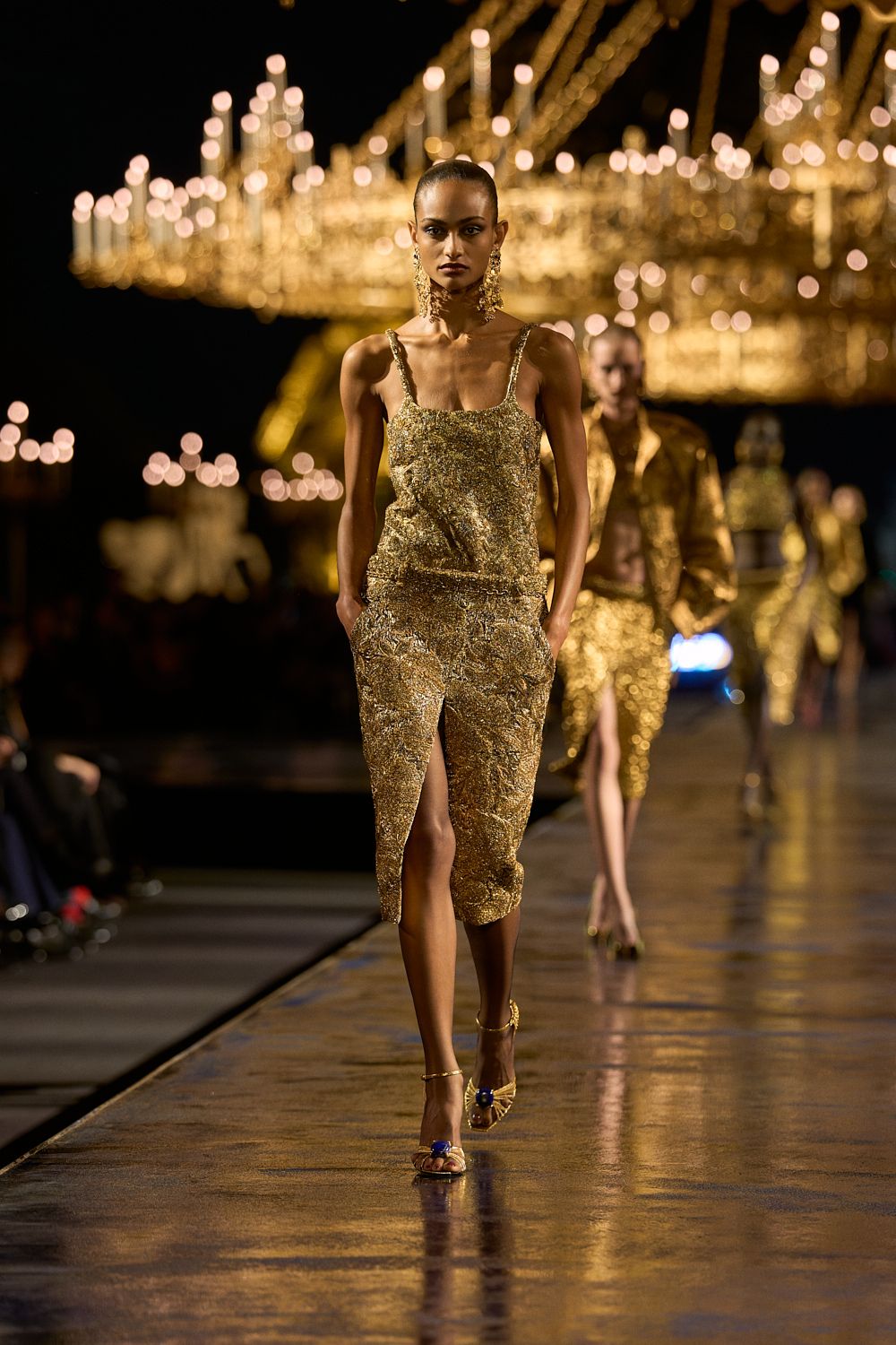gold metallic spaghetti-strap midi dress