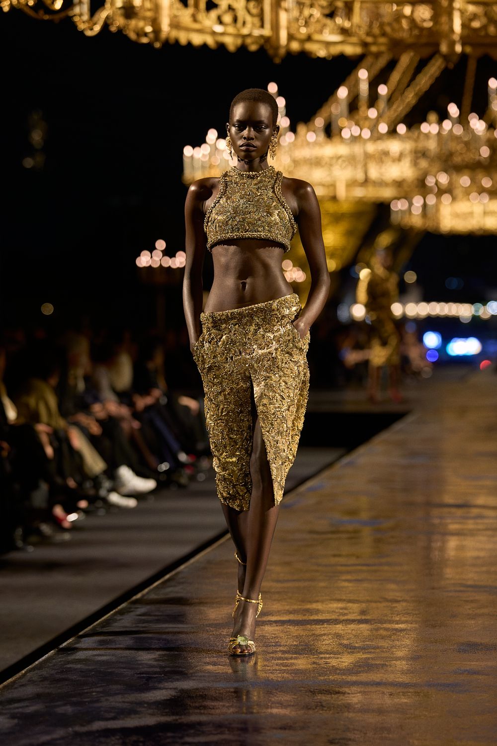 gold embellished crop top and skirt set