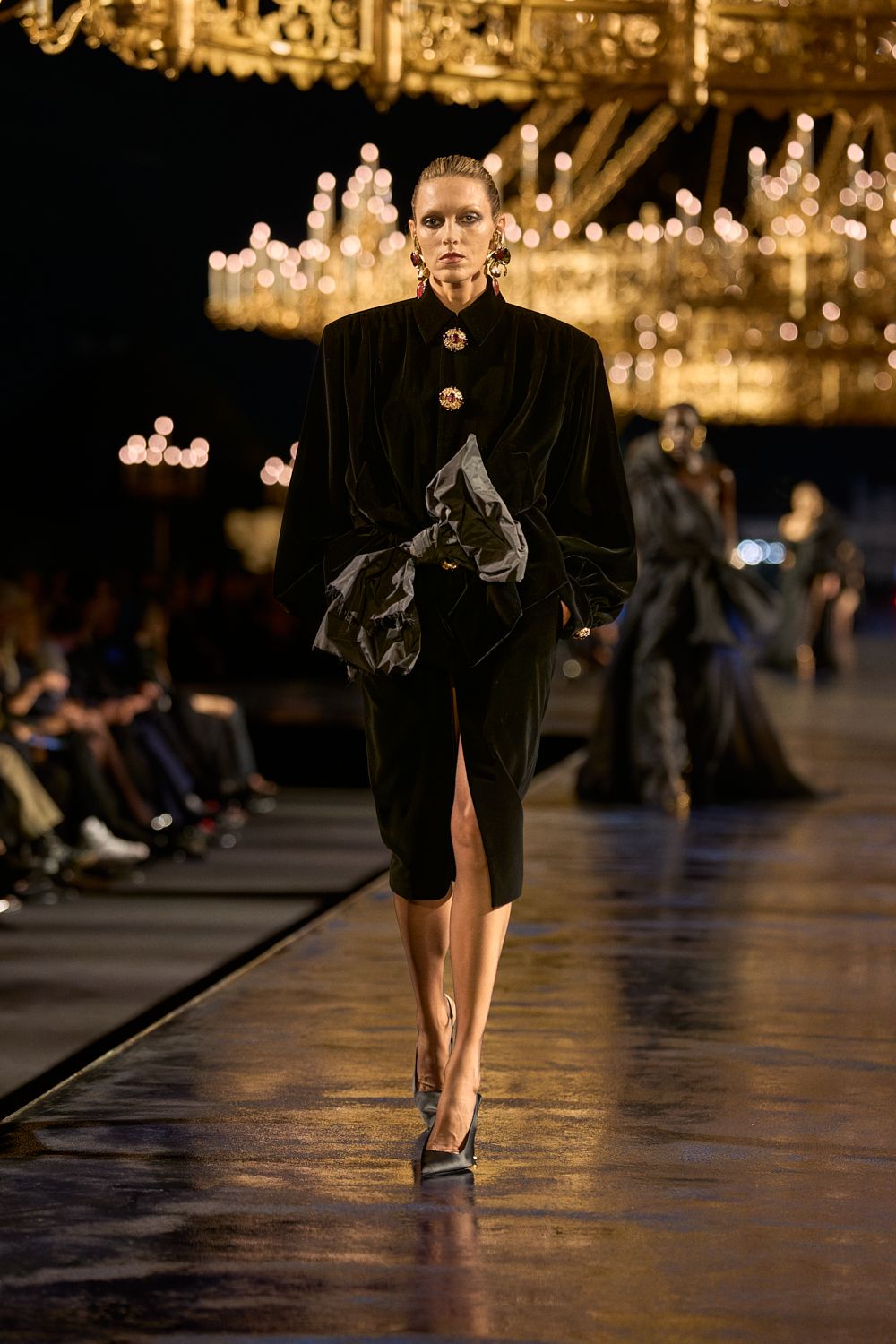 black velvet jewel-button midi dress
