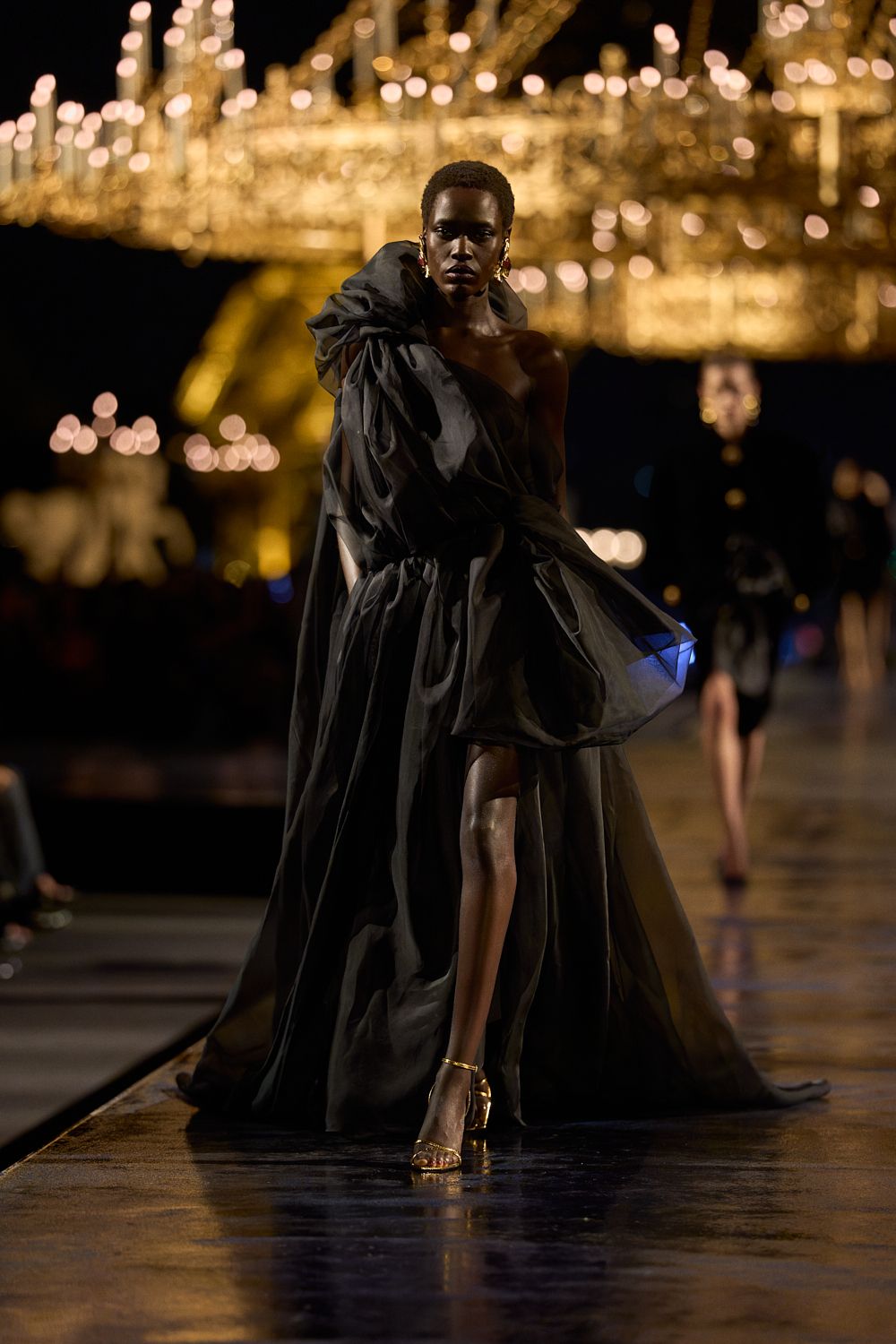 black one-shoulder organza evening gown