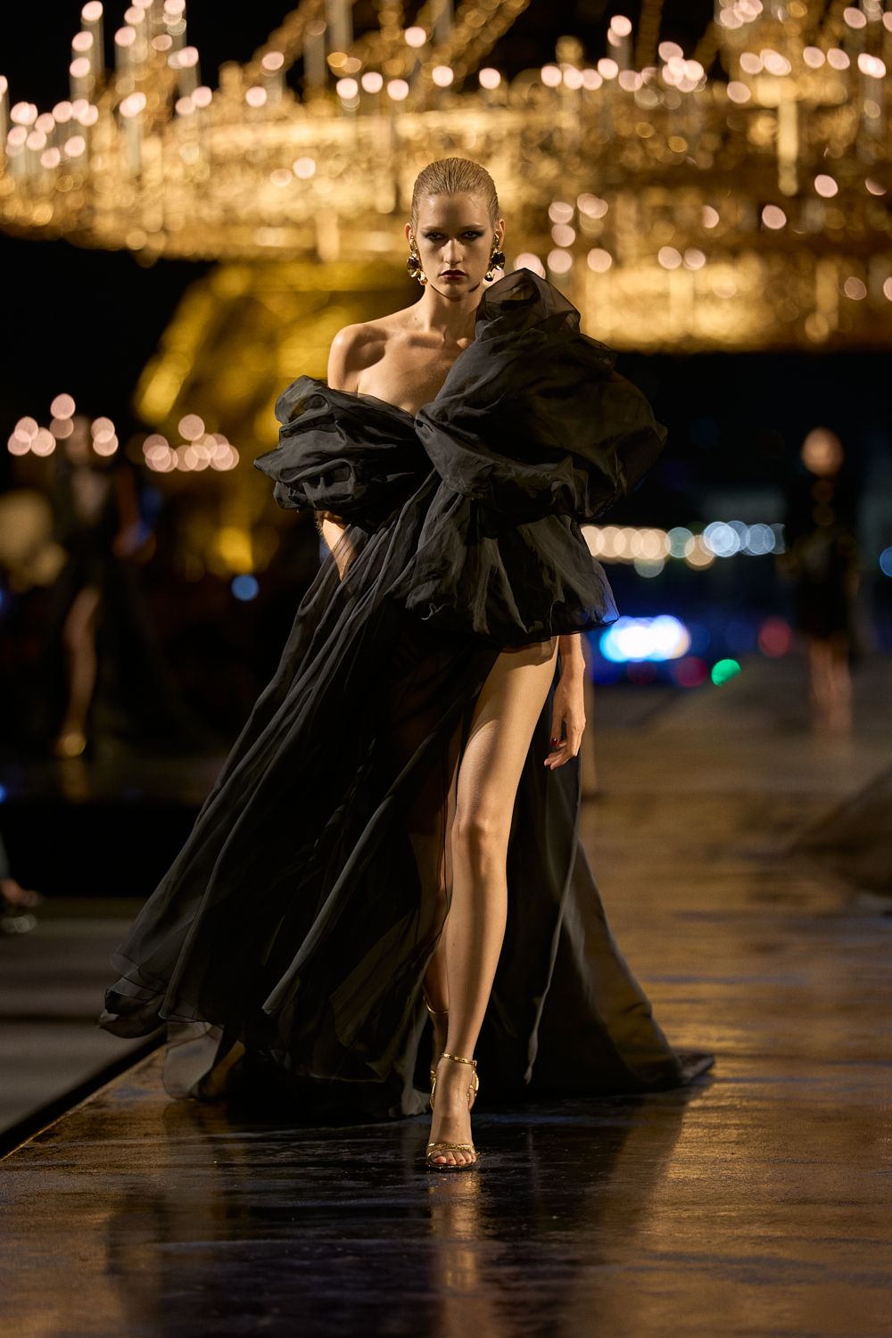 black off-shoulder organza evening gown