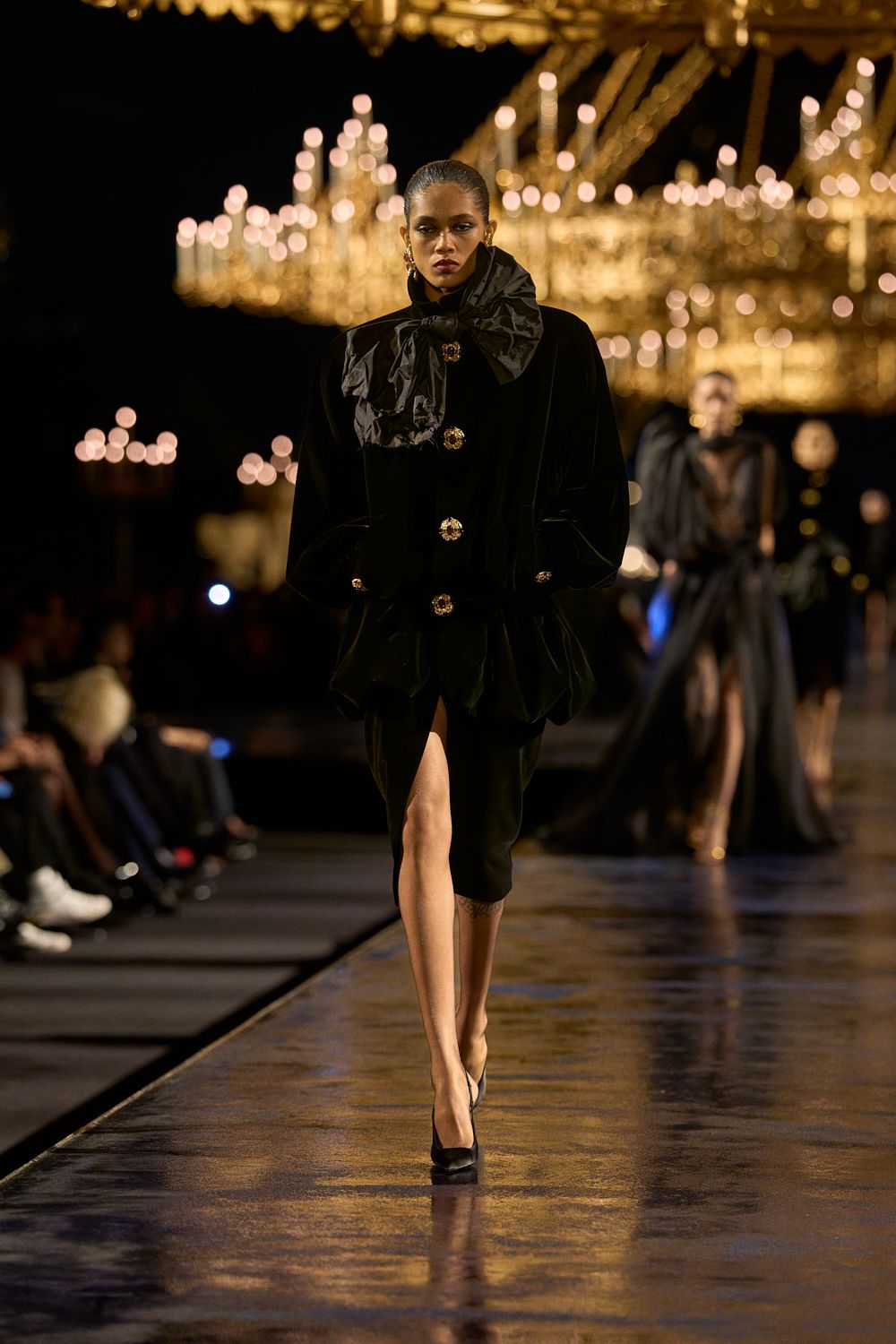 black velvet dress with oversized bow collar
