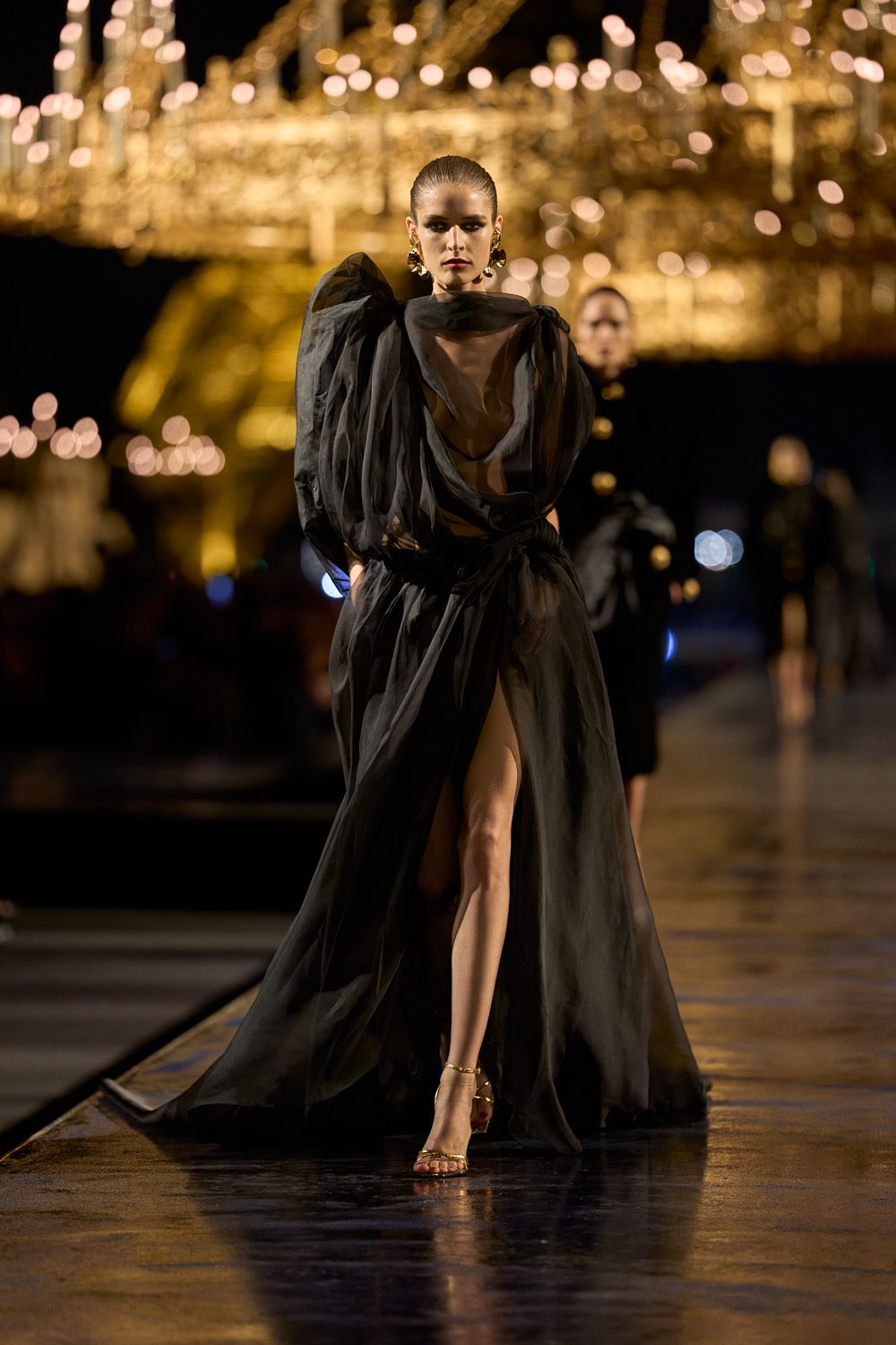 sheer black organza evening gown