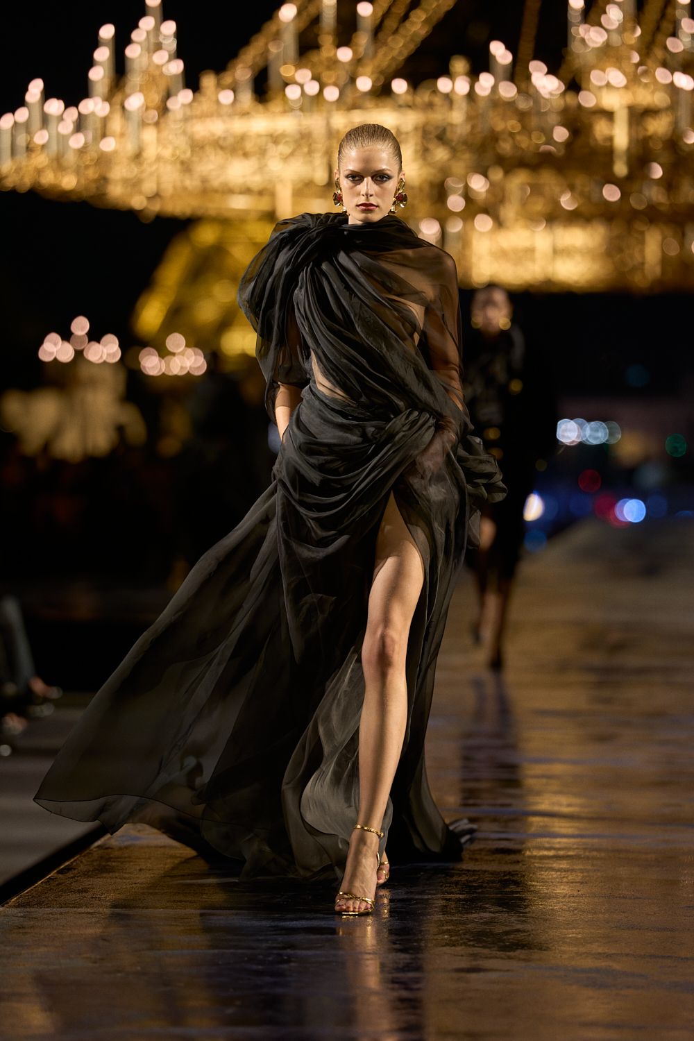 black sheer draped evening gown