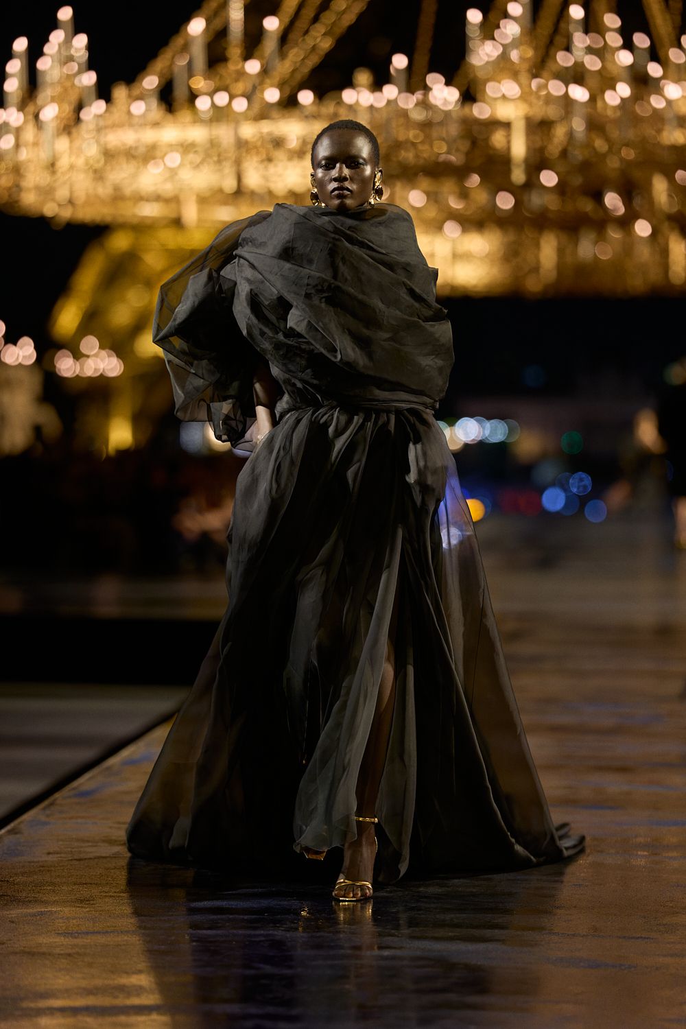 black sheer draped evening gown