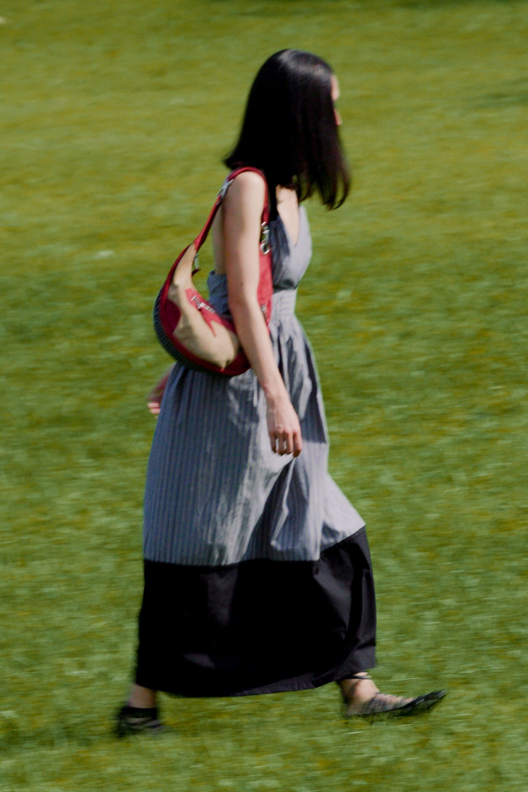 Steel-blue striped sundress with gathered empire waist and black drop hem. Red and beige crescent bag, chunky zipper teeth tracing the curve. Black pointed flats with narrow crisscross straps. Crossing a lakeside lawn before the picnic blankets are claimed.