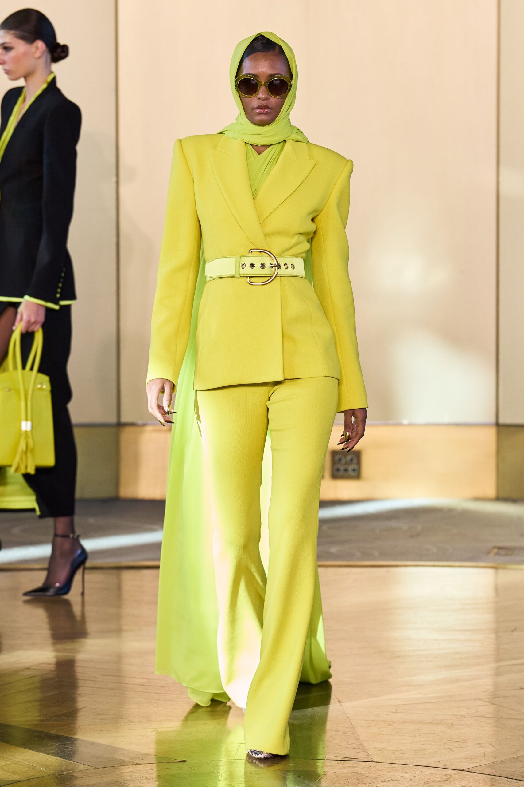 chartreuse strong-shoulder belted blazer