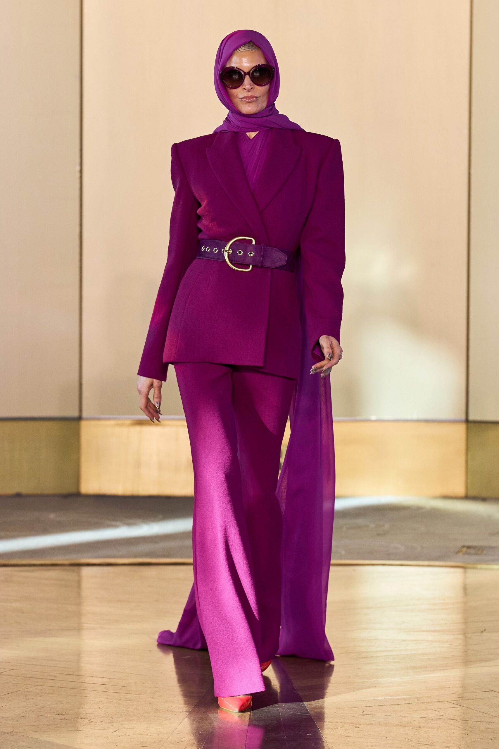belted purple tailored blazer