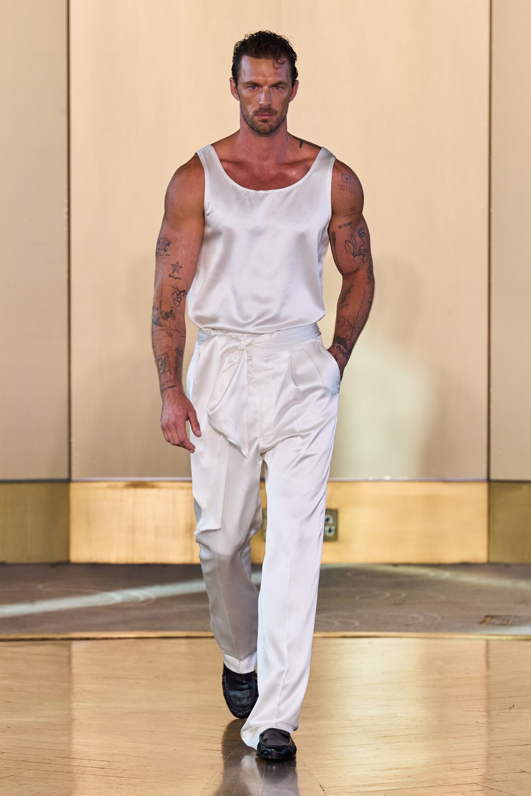 white satin high-waisted wide-leg pleated shiny pants
