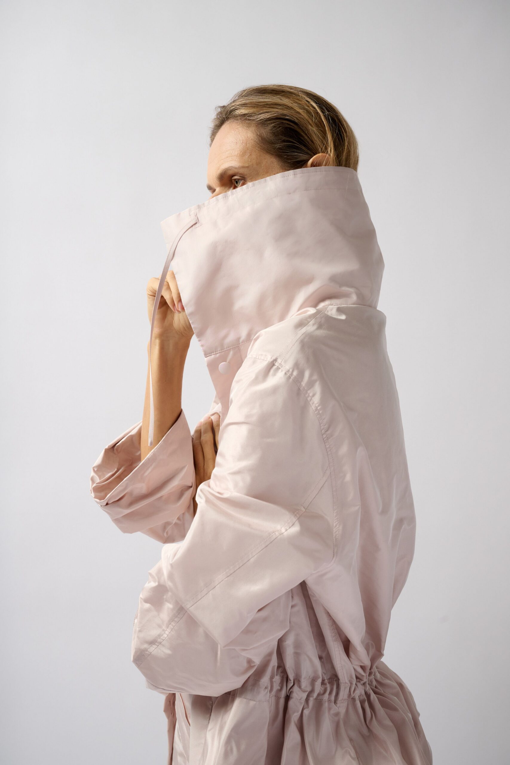 blush drawstring high-collar coat