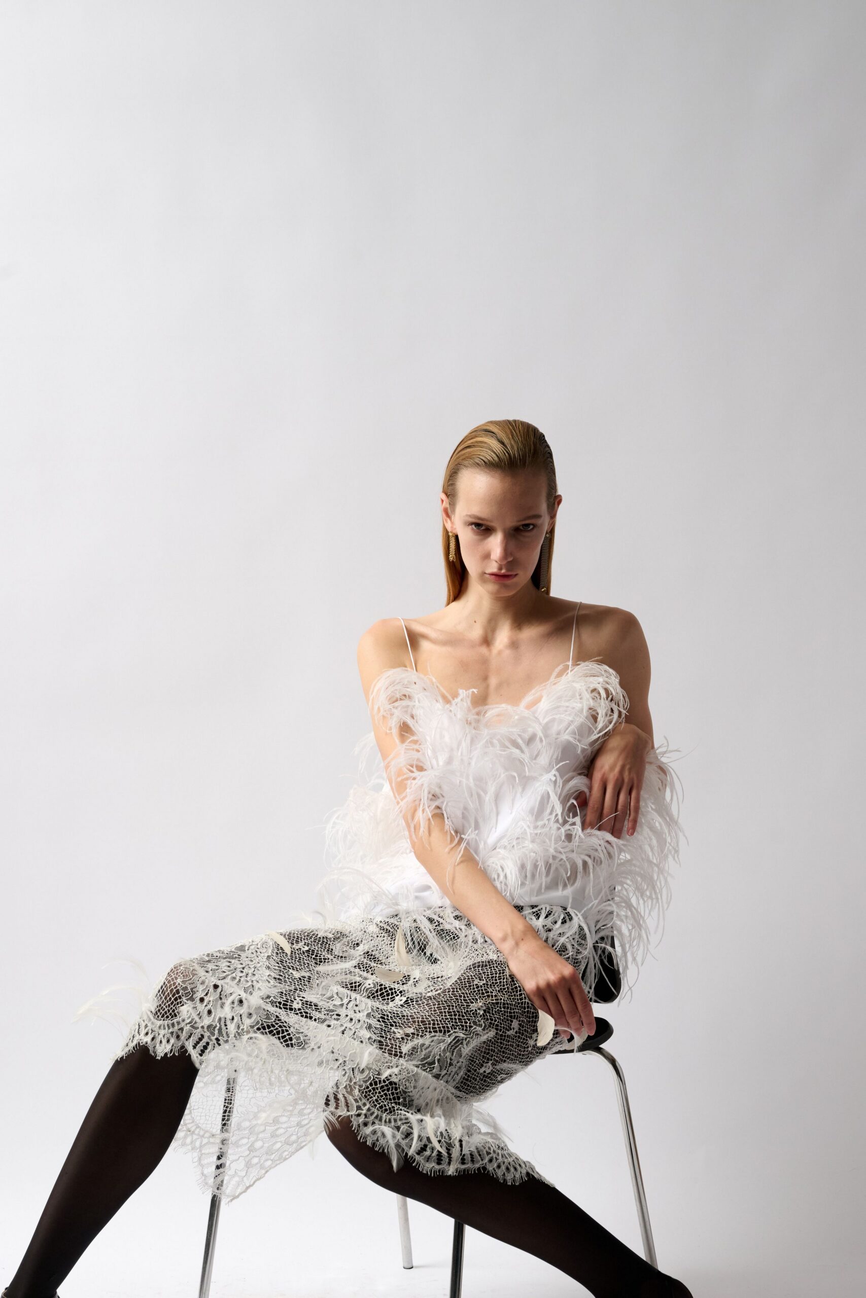white feather-trim lace dress