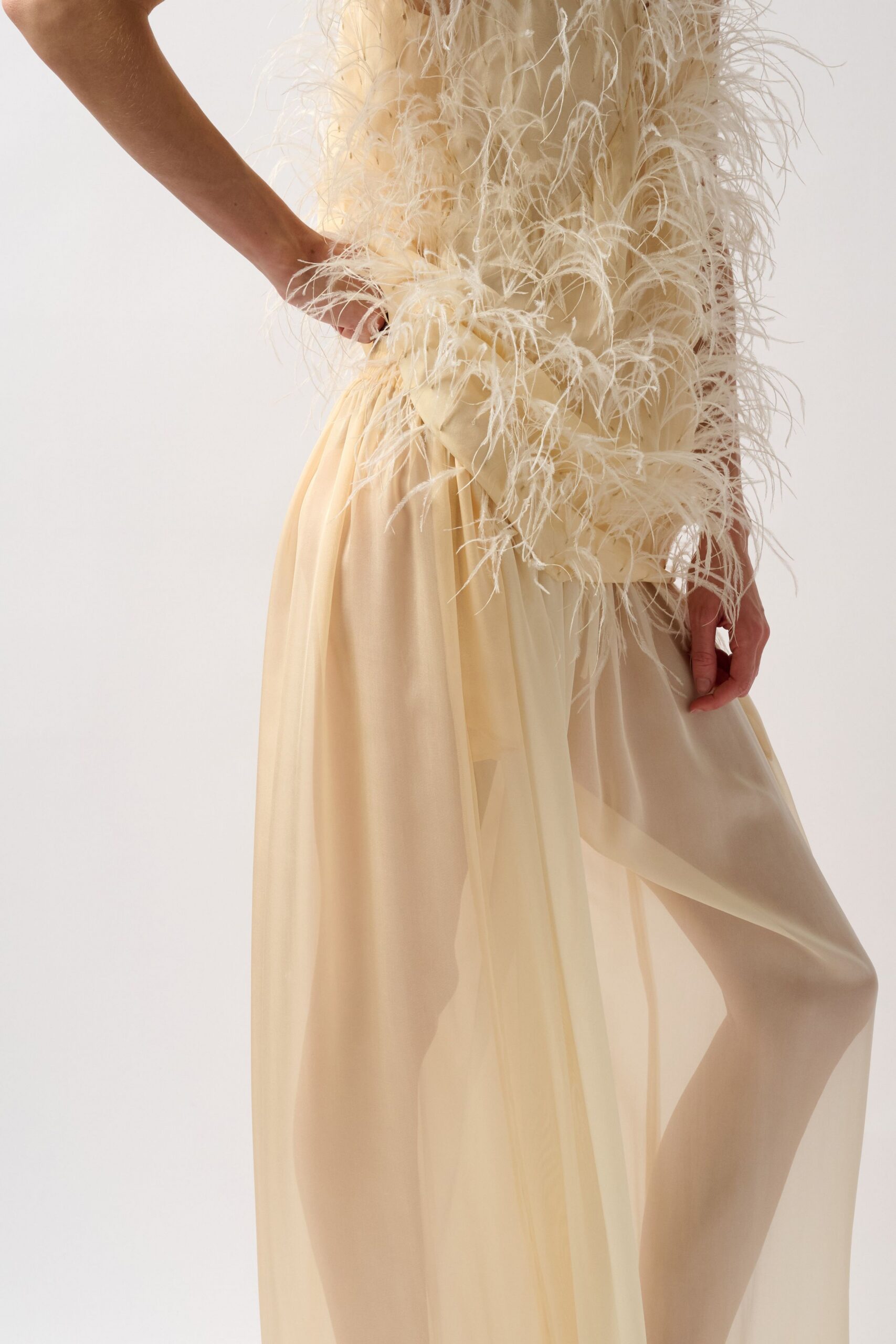 feather-trim sheer chiffon gown