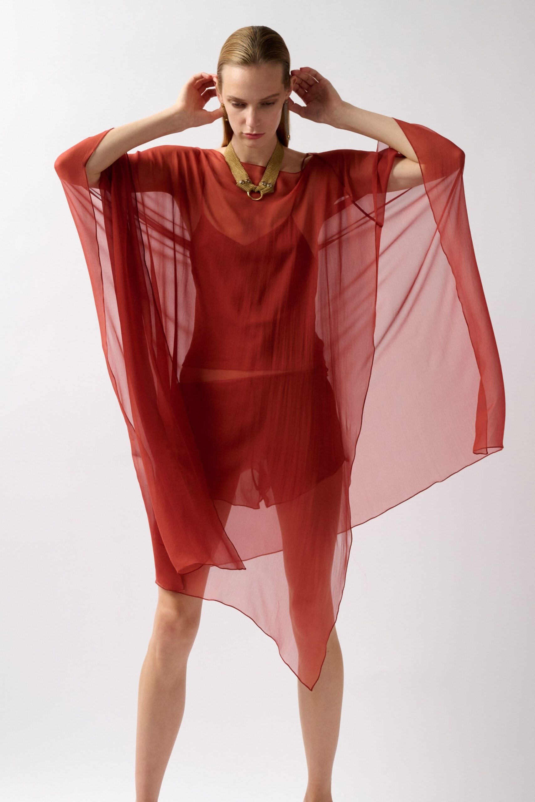 red chiffon long-sleeve boat-neck draped sheer flowing dress