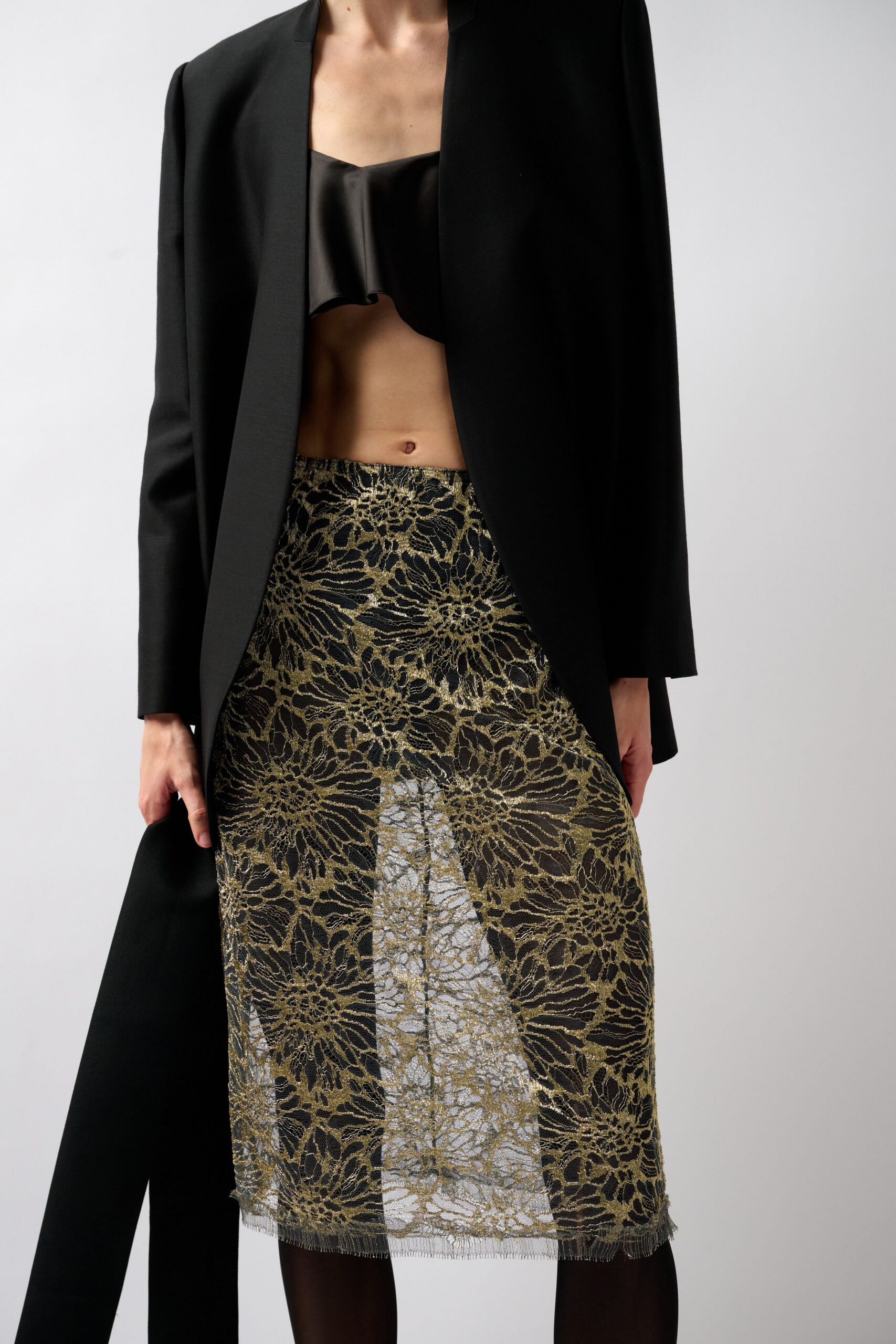 gold floral lace pencil skirt