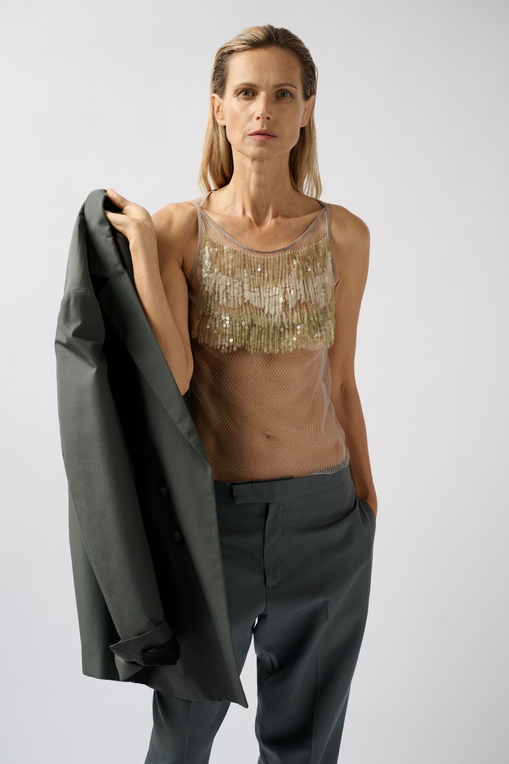 beige sequin sleeveless spaghetti-strap sequined embellished top