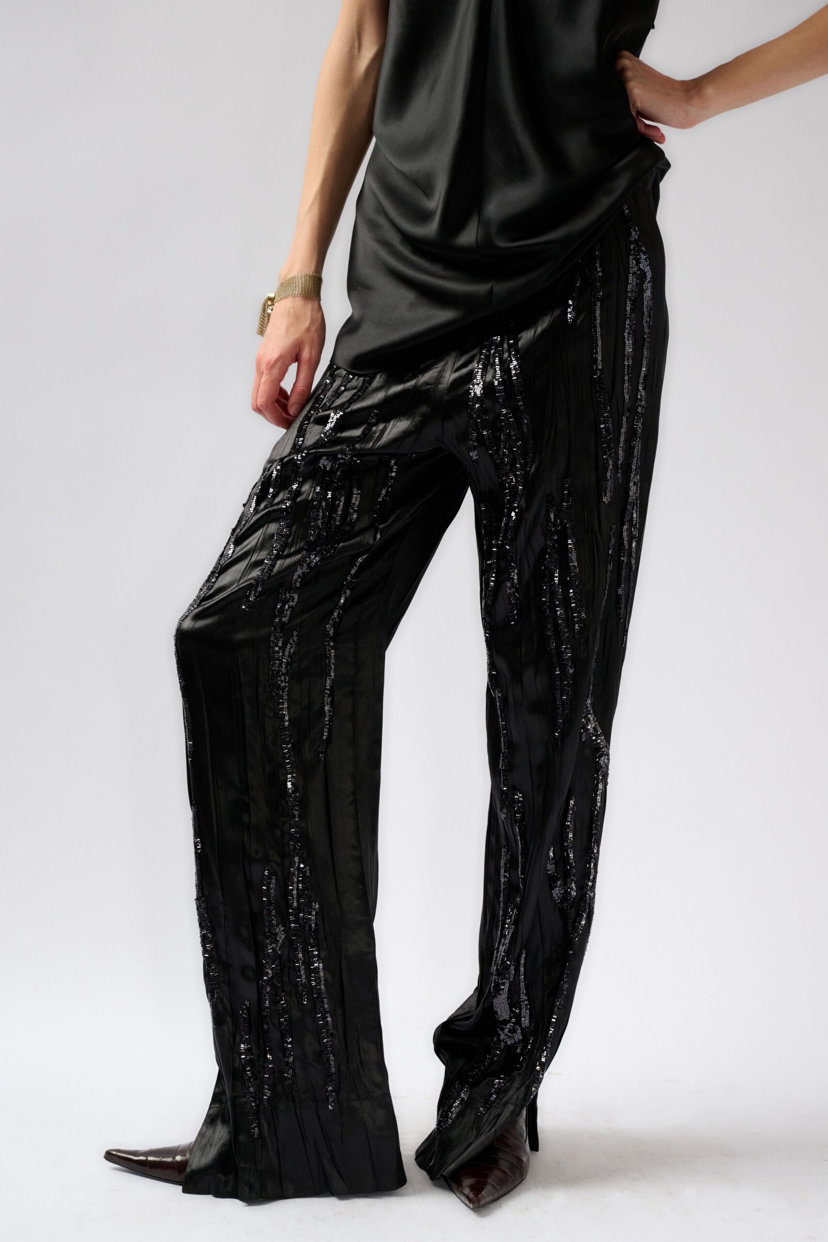 black sequined wide-leg satin pants