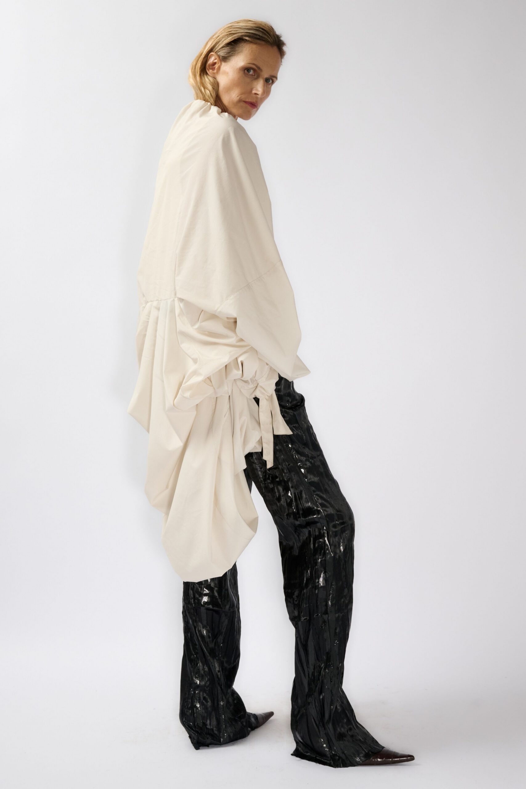 ivory unknown long-sleeve draped ruched flowing maxi dress