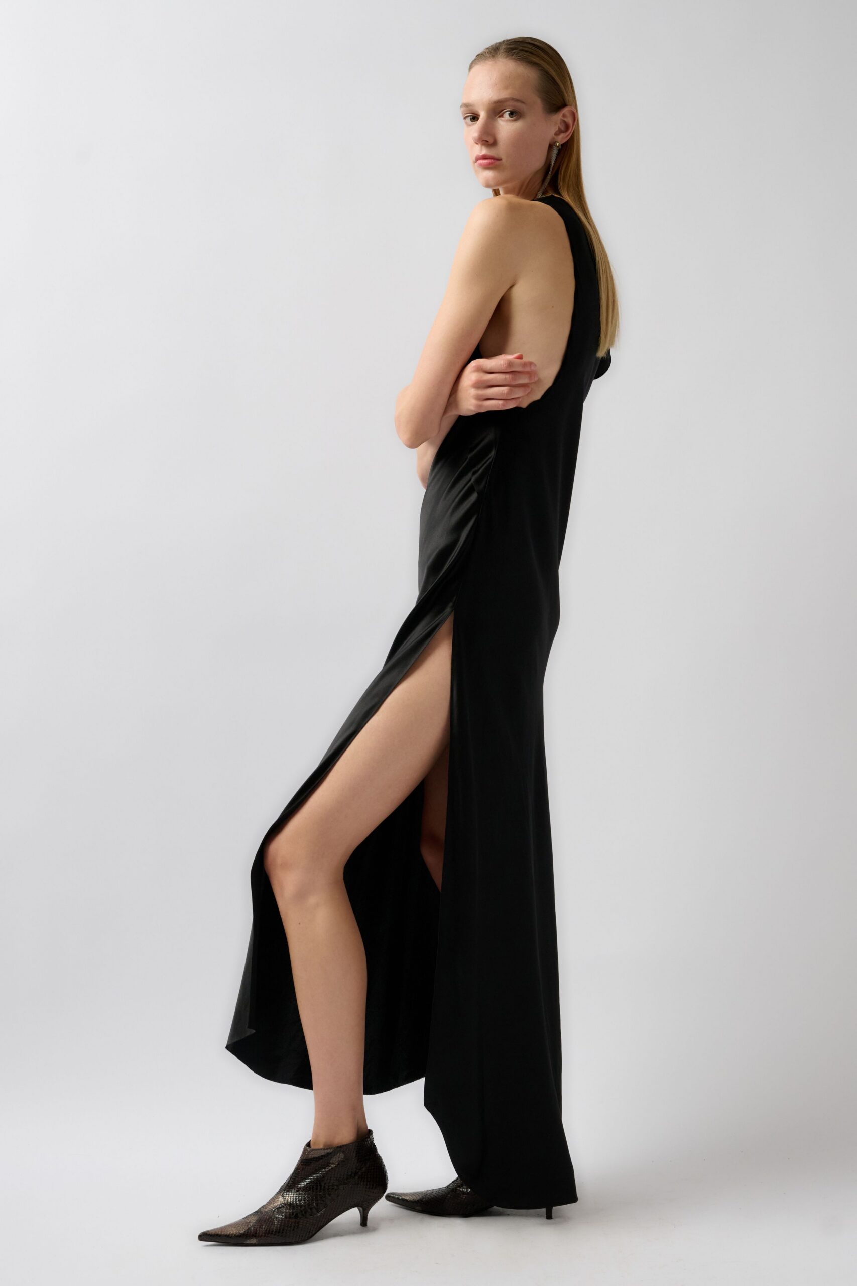 open-back black satin evening gown