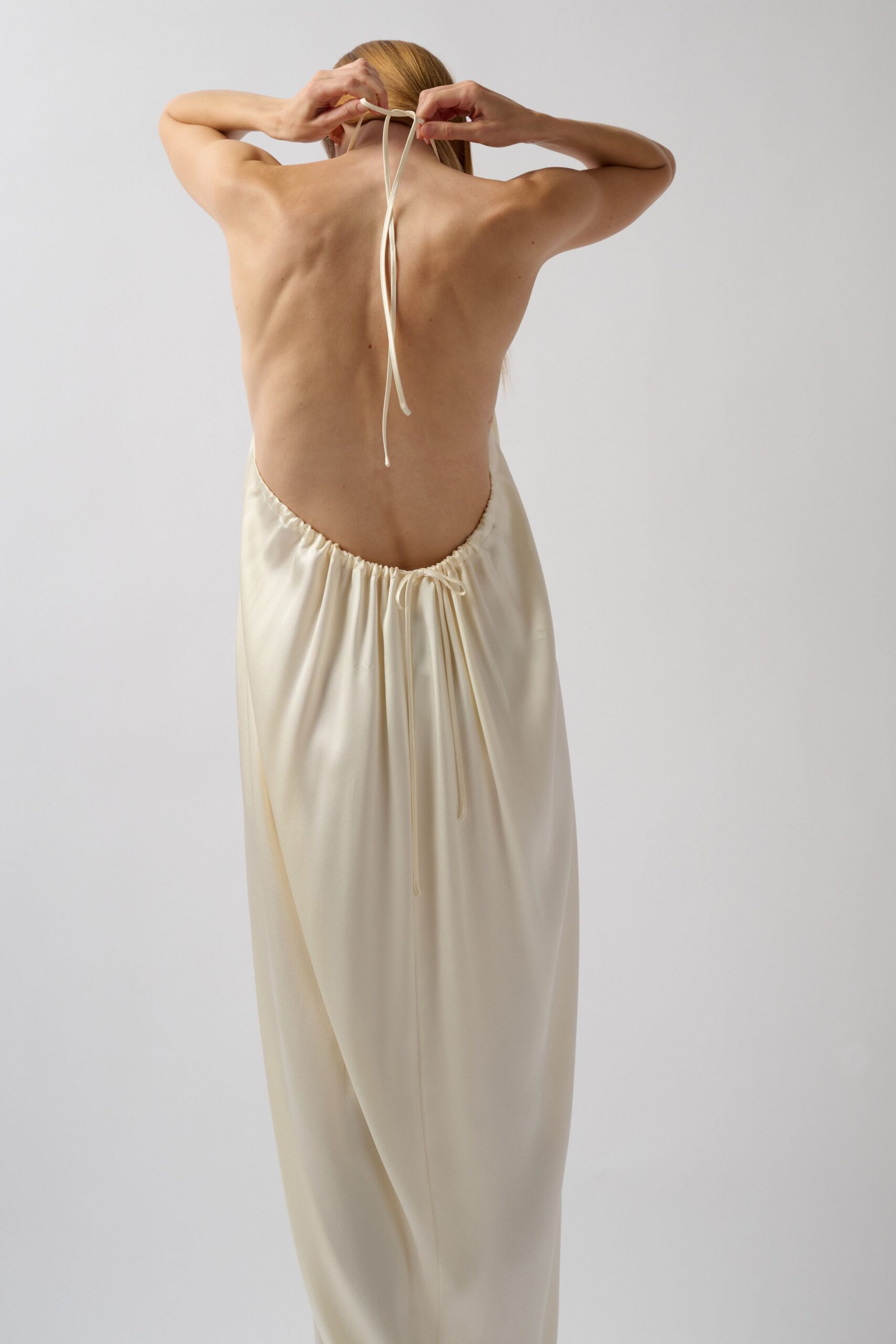 ivory backless halter slip dress