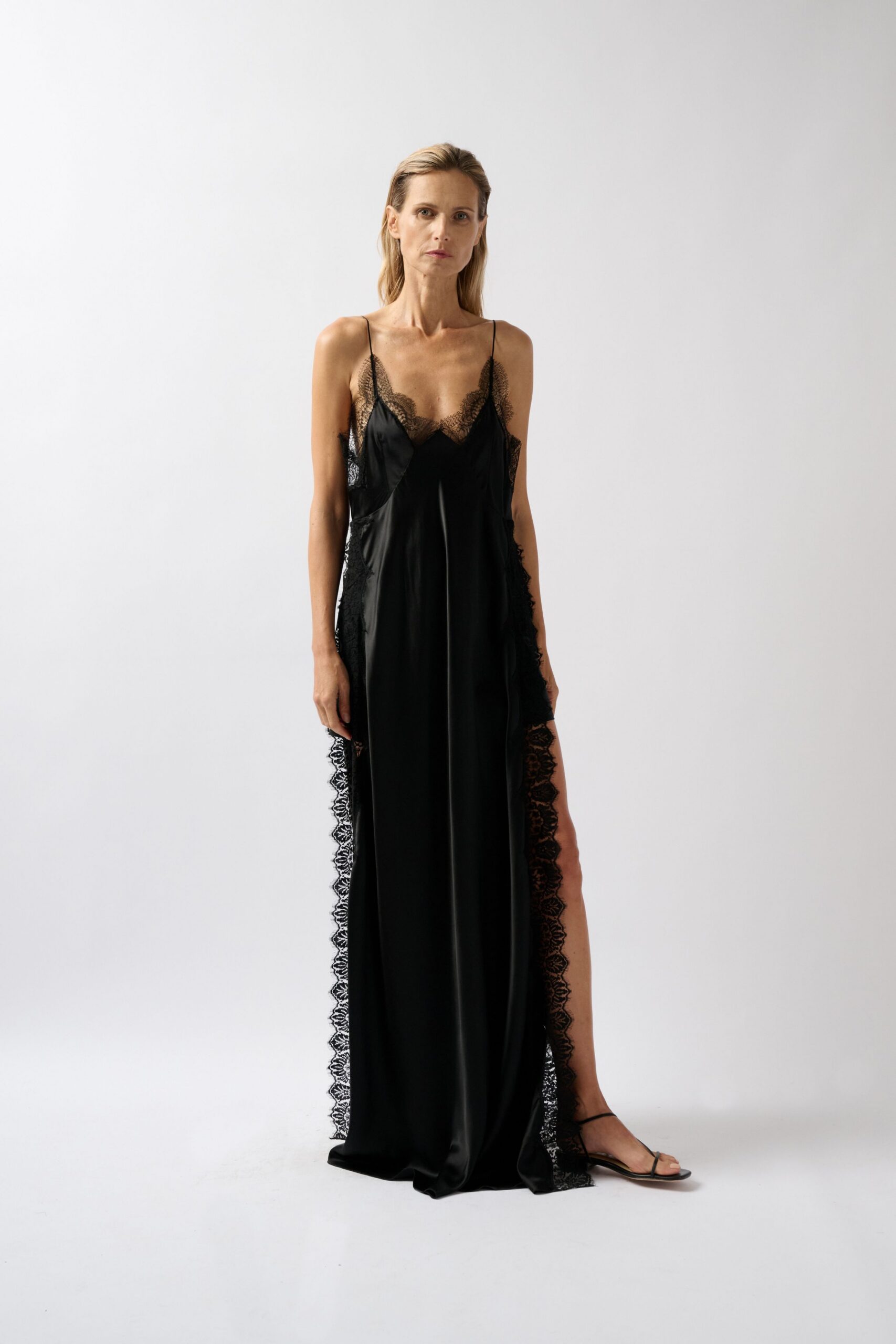 black lace-trim slip maxi dress