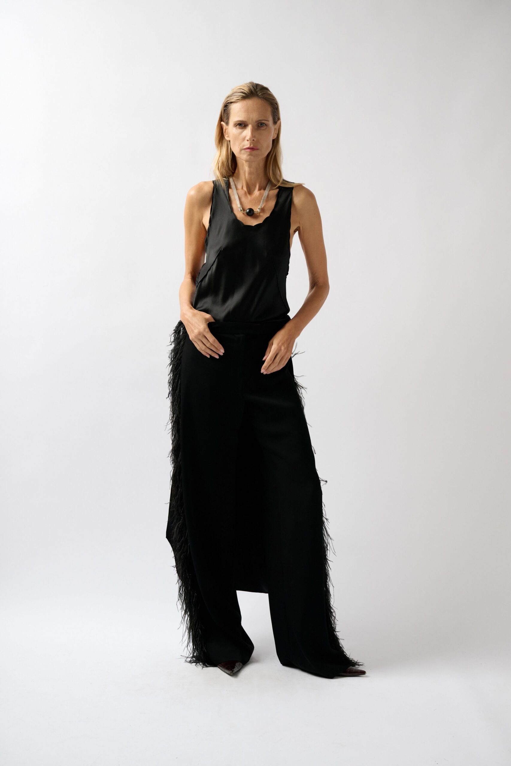 black feather-trim wide-leg pants