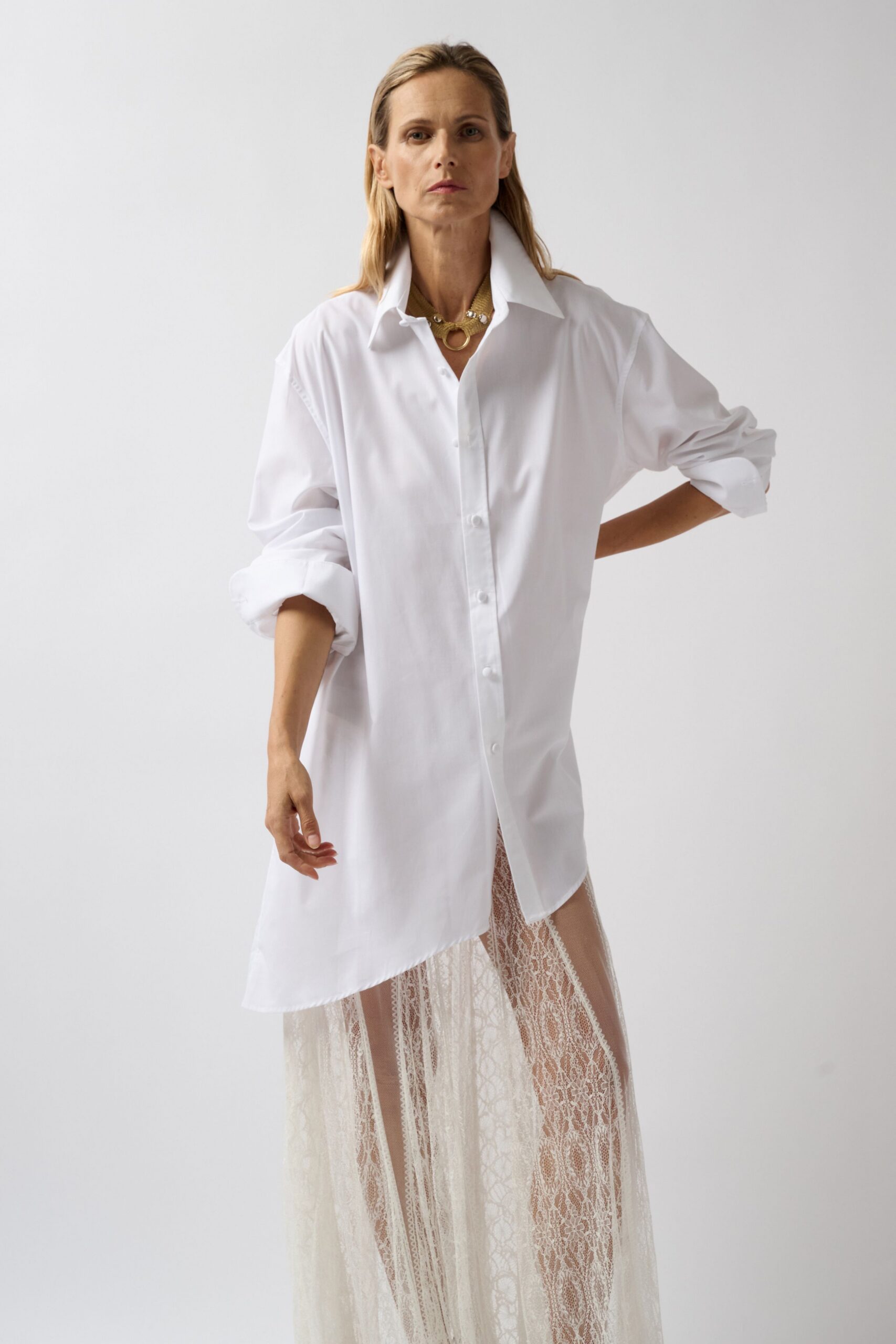 oversized white button-front shirt