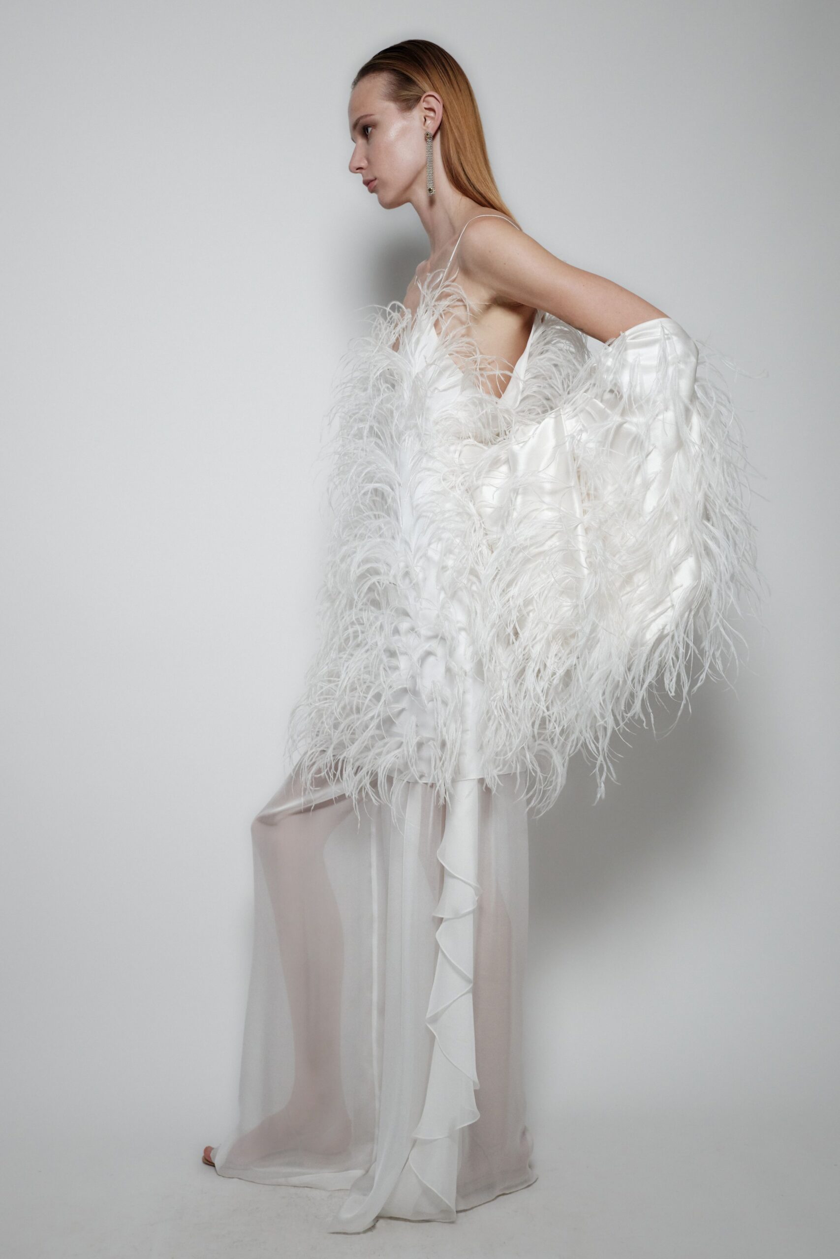 feather-trim sheer chiffon evening gown