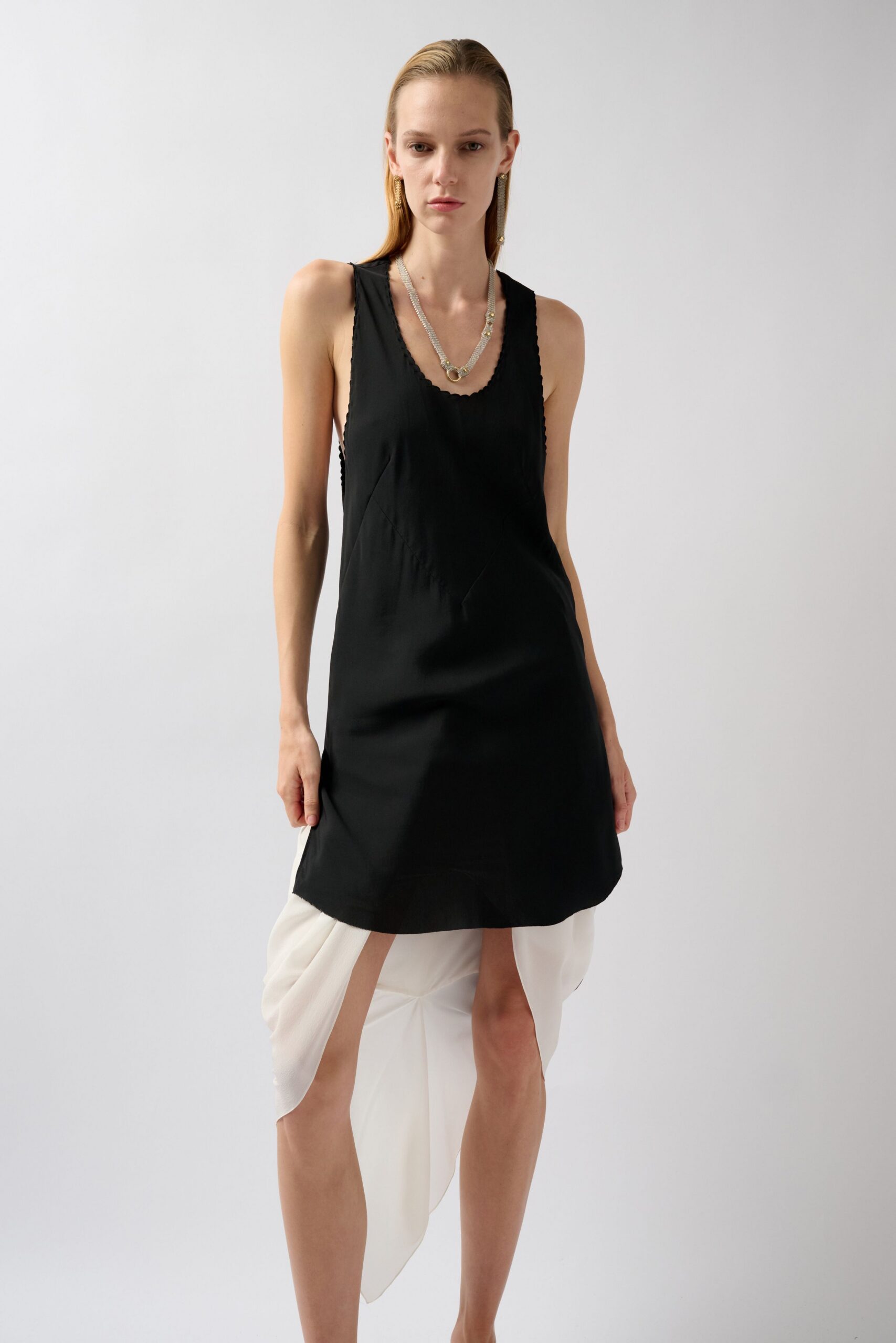 black and white asymmetric draped dress
