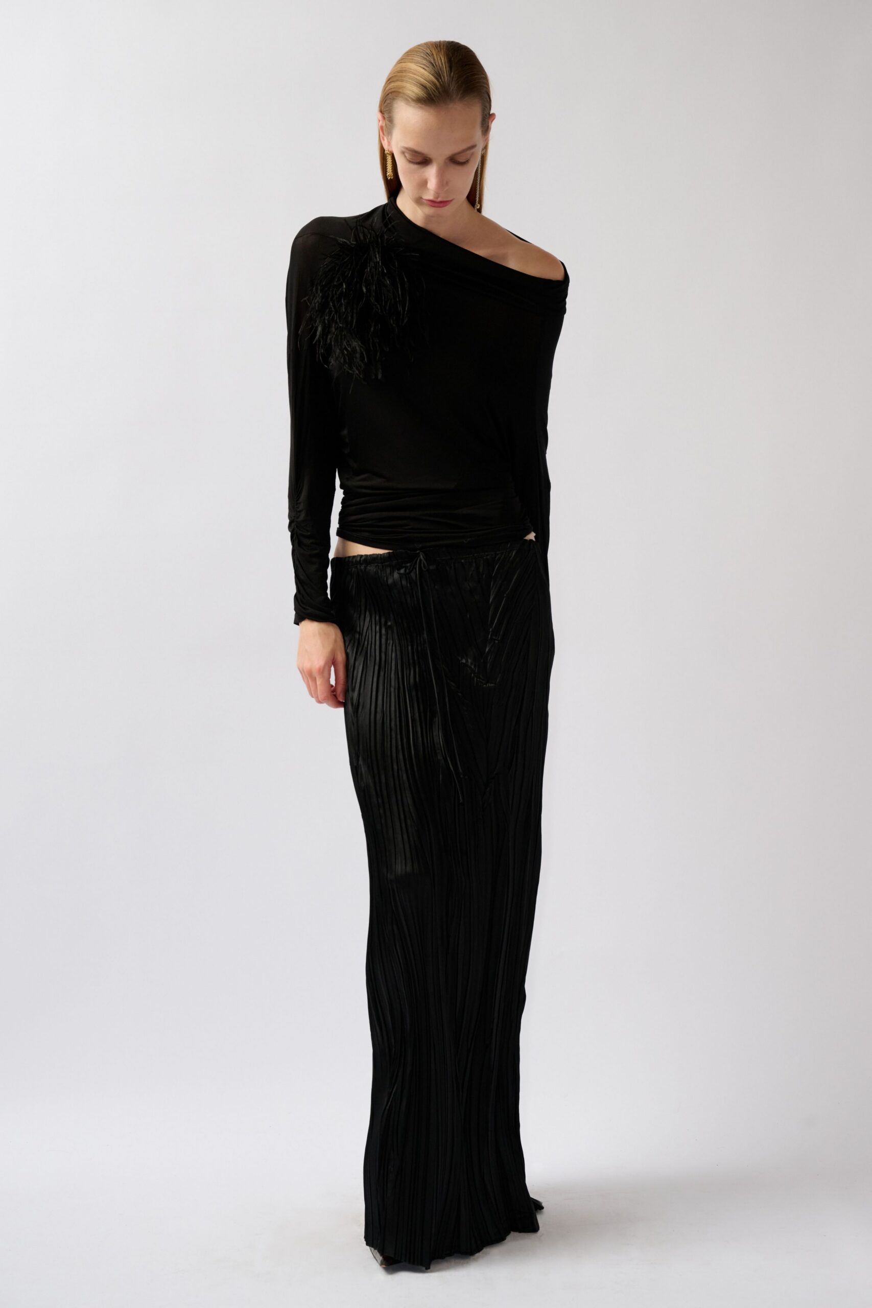 black off-shoulder feather-trim top