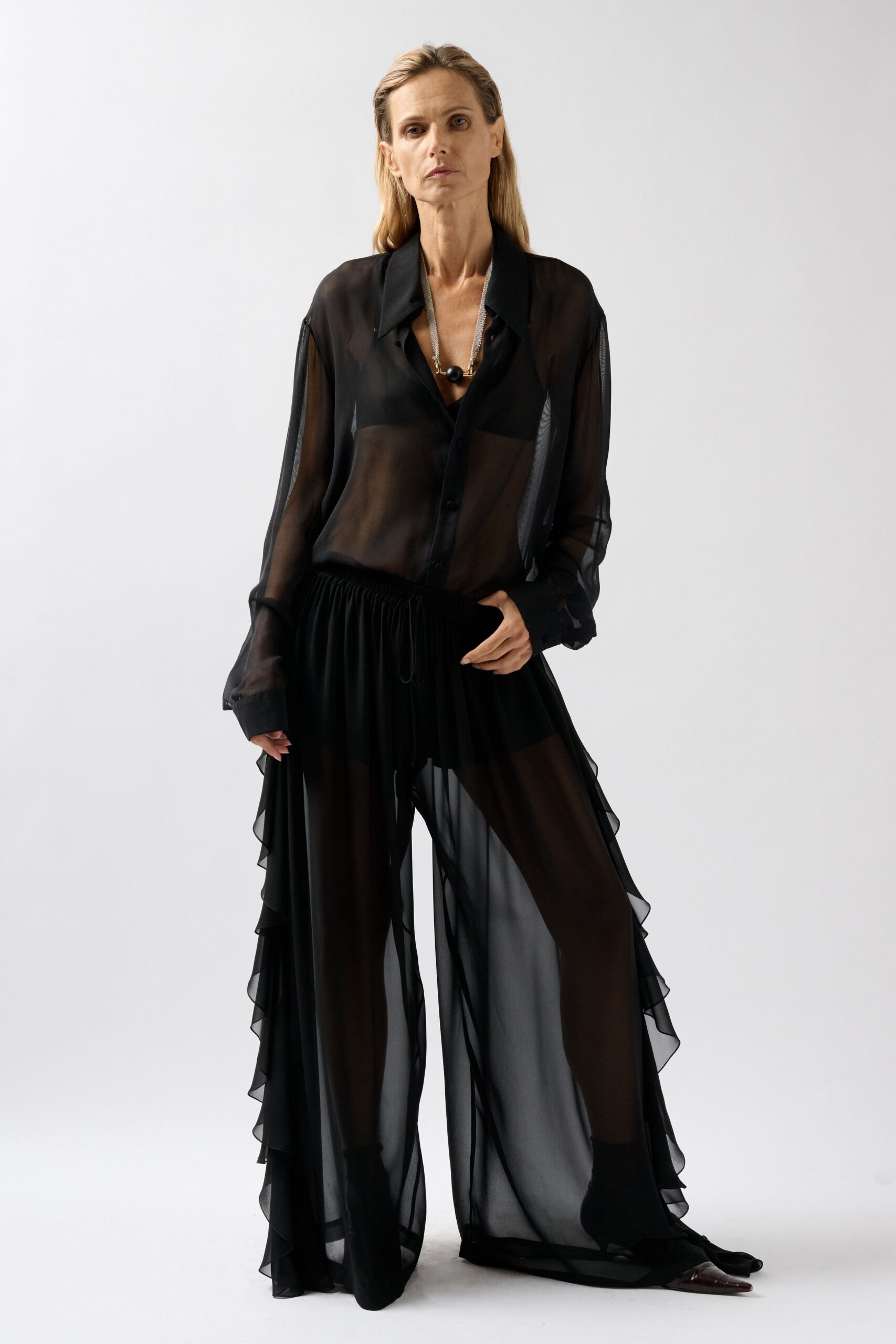 sheer black chiffon wide-leg pants