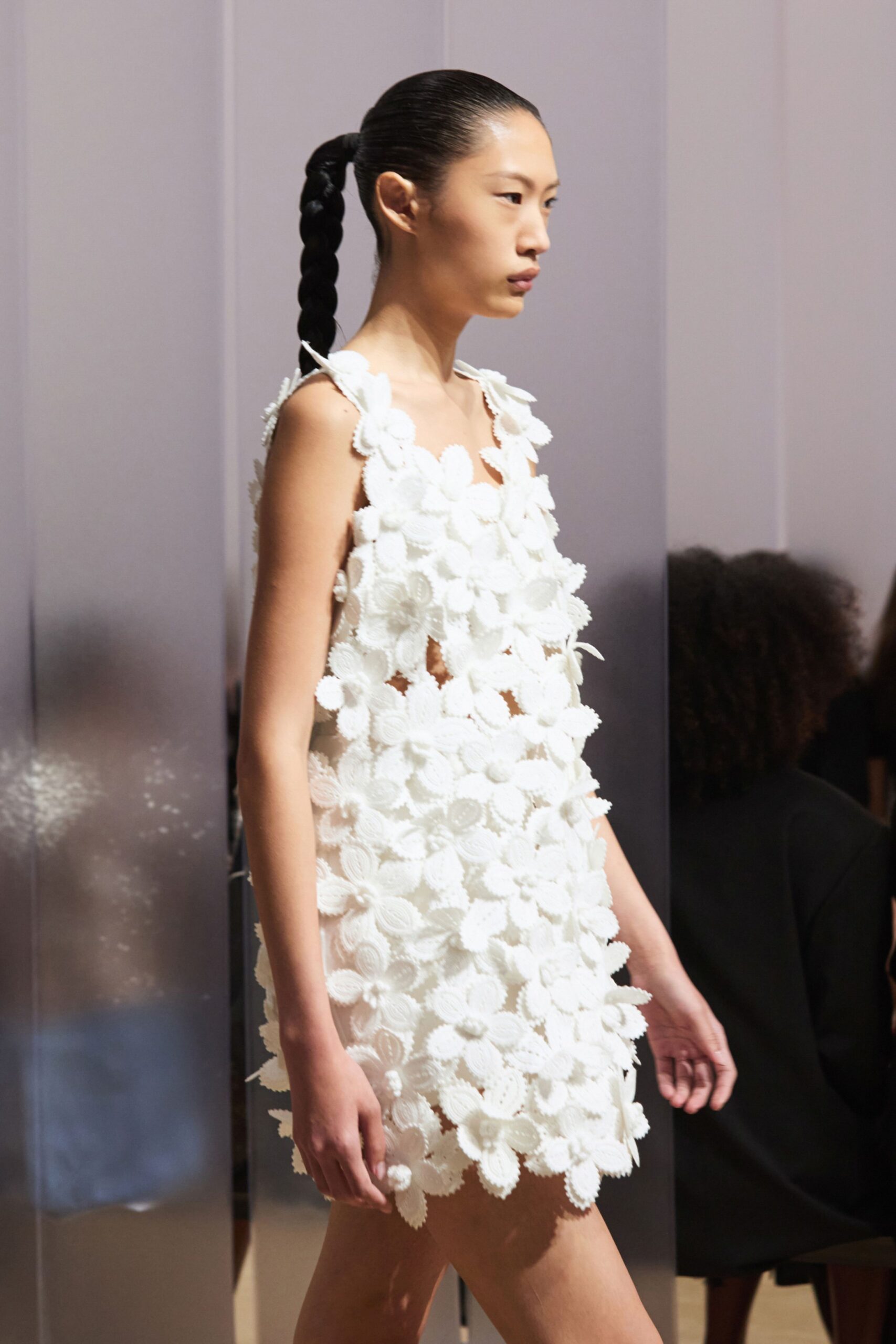 white 3D floral appliqué mini dress